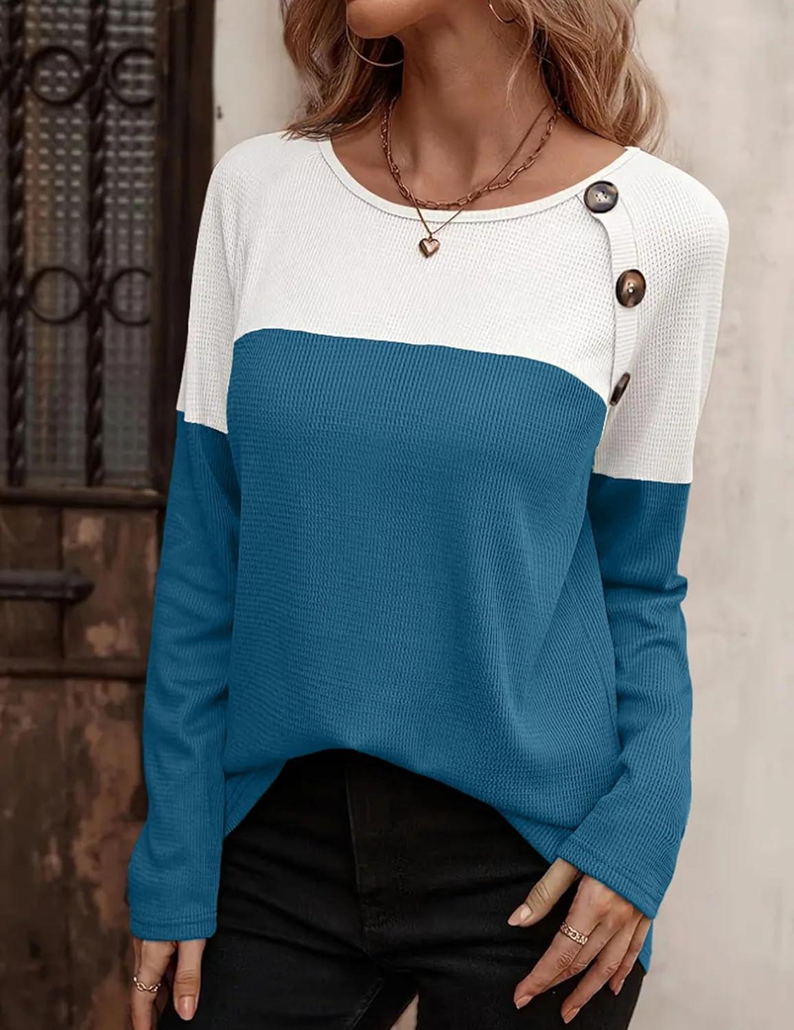 imageZeagoo Women Waffle Knit Shirts Long Sleeve Colorblock Tee Button Detail TunicsDeep Blue