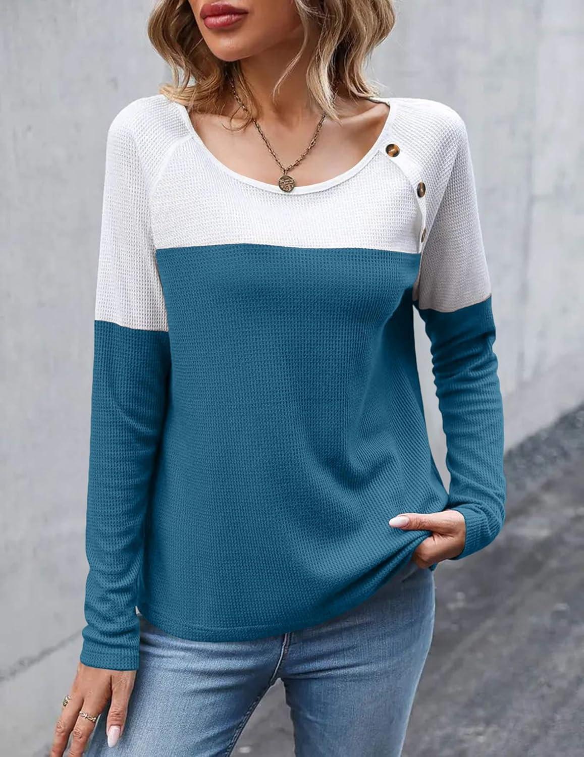 imageZeagoo Women Waffle Knit Shirts Long Sleeve Colorblock Tee Button Detail TunicsDeep Blue
