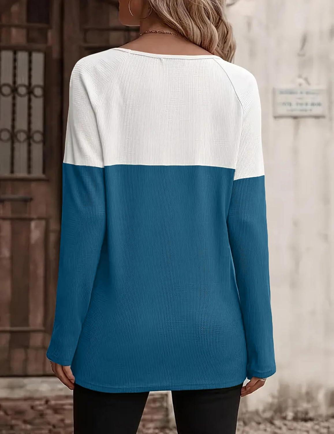 imageZeagoo Women Waffle Knit Shirts Long Sleeve Colorblock Tee Button Detail TunicsDeep Blue