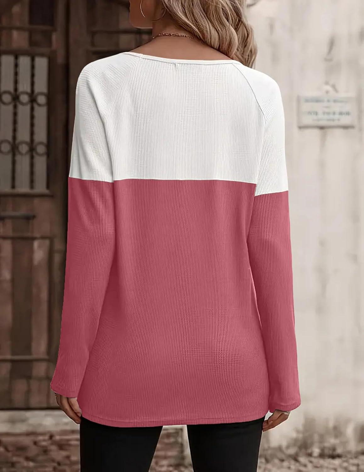 imageZeagoo Women Waffle Knit Shirts Long Sleeve Colorblock Tee Button Detail TunicsDusty Pink
