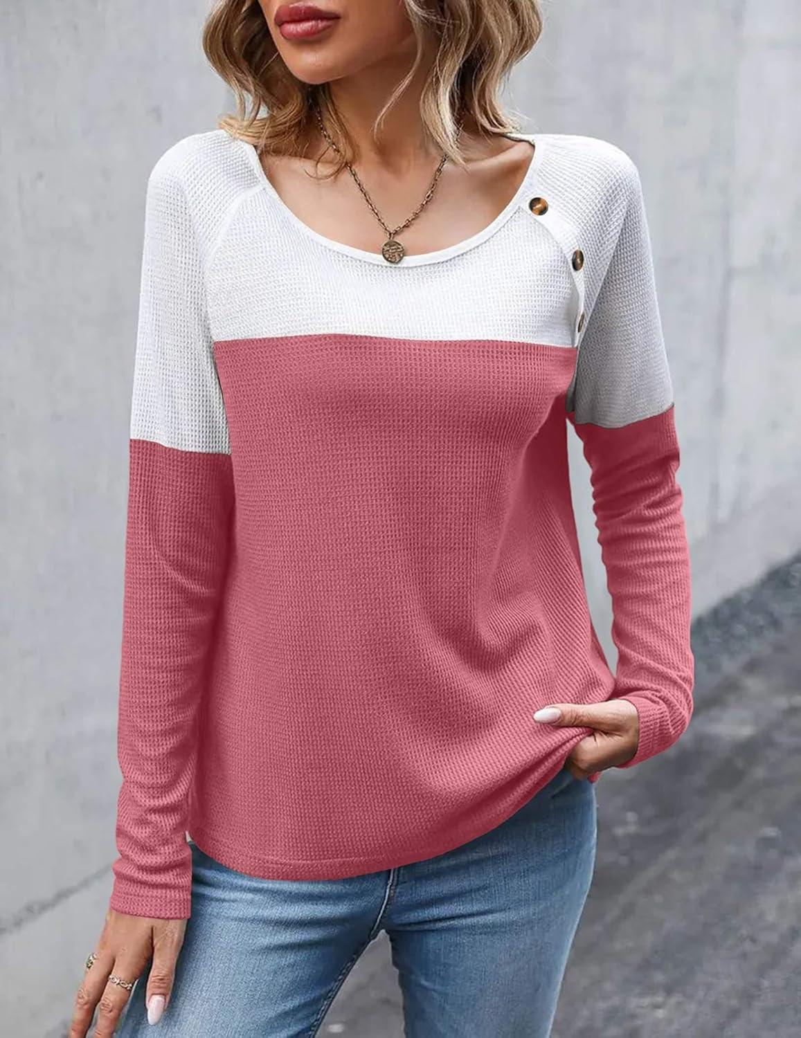 imageZeagoo Women Waffle Knit Shirts Long Sleeve Colorblock Tee Button Detail TunicsDusty Pink