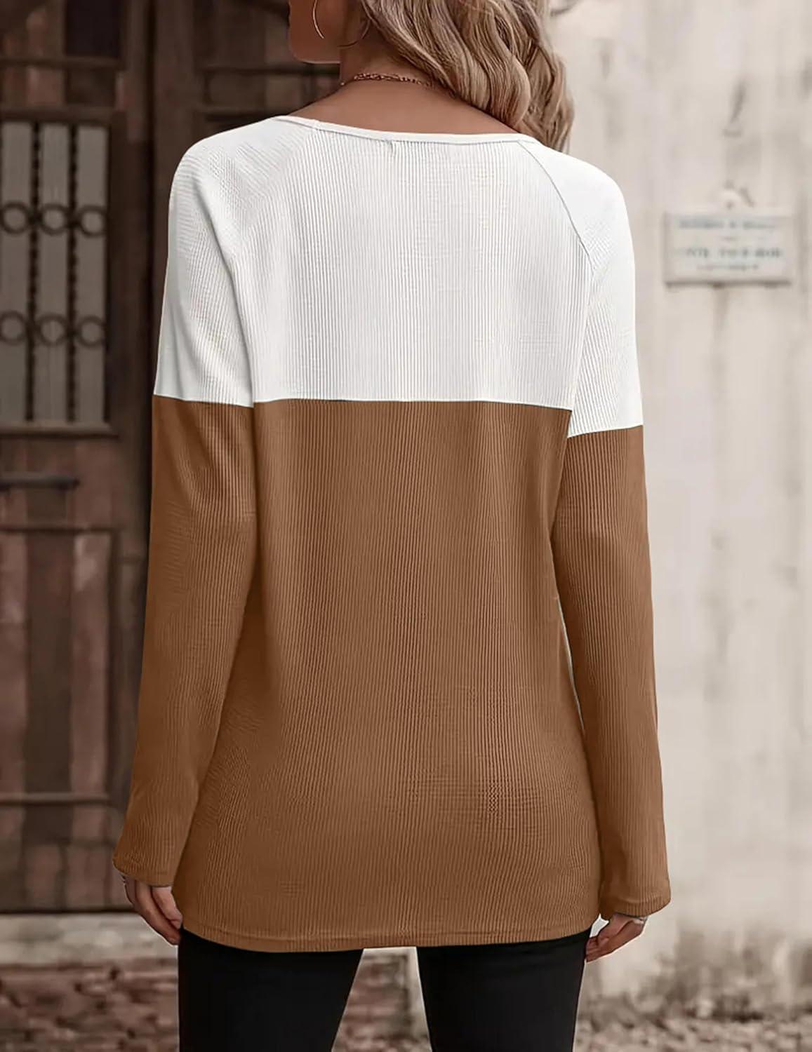 imageZeagoo Women Waffle Knit Shirts Long Sleeve Colorblock Tee Button Detail TunicsLight Brown