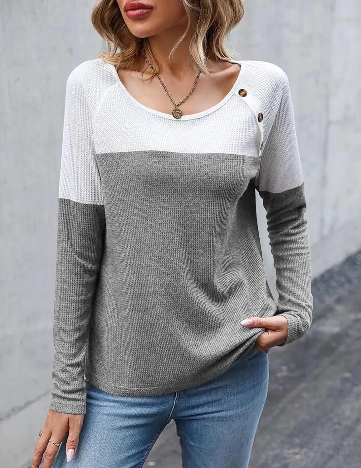 imageZeagoo Women Waffle Knit Shirts Long Sleeve Colorblock Tee Button Detail TunicsLight Grey