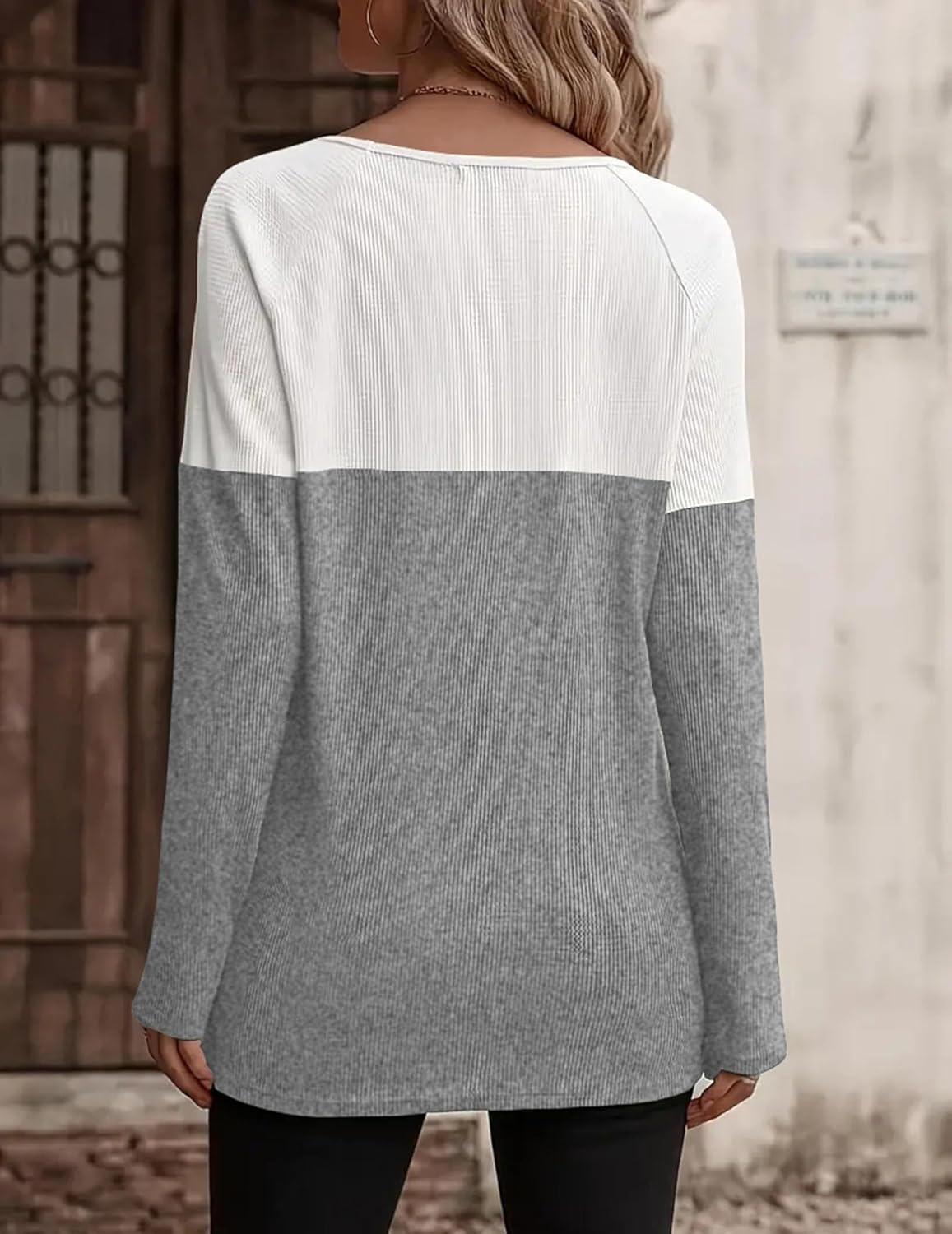 imageZeagoo Women Waffle Knit Shirts Long Sleeve Colorblock Tee Button Detail TunicsLight Grey