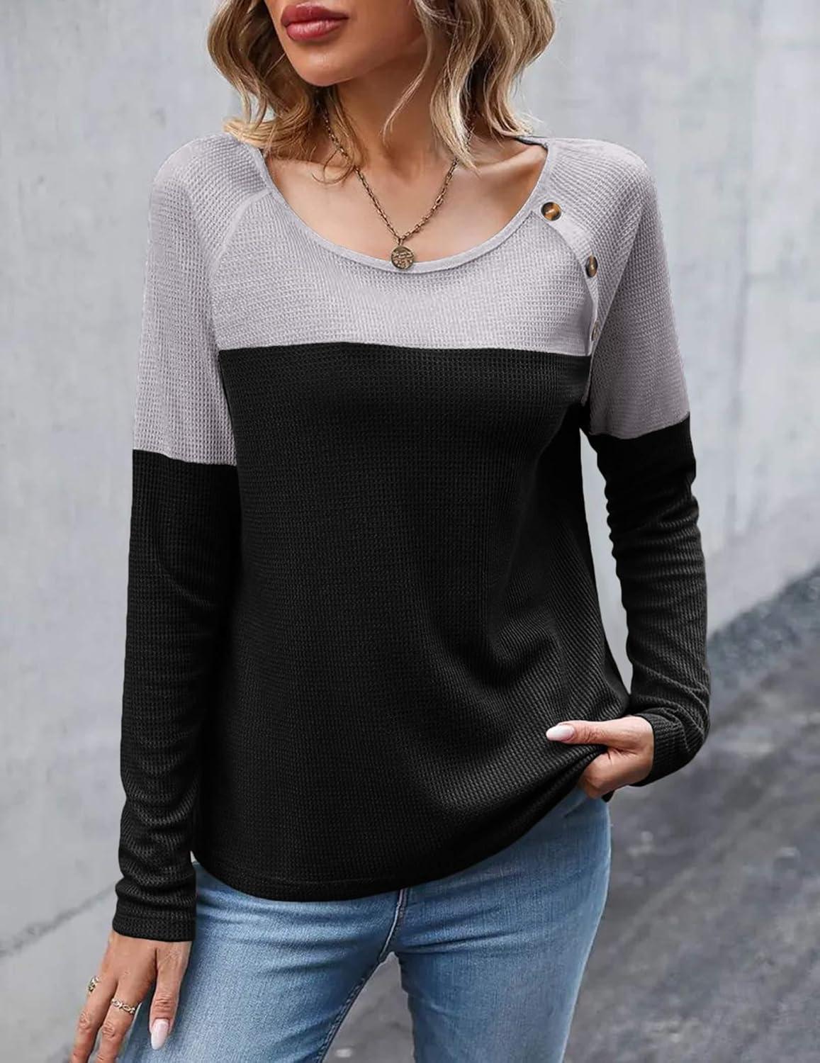 imageZeagoo Women Waffle Knit Shirts Long Sleeve Colorblock Tee Button Detail TunicsLight Grey Black