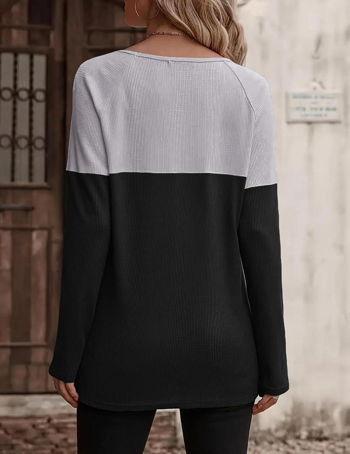 imageZeagoo Women Waffle Knit Shirts Long Sleeve Colorblock Tee Button Detail TunicsLight Grey Black