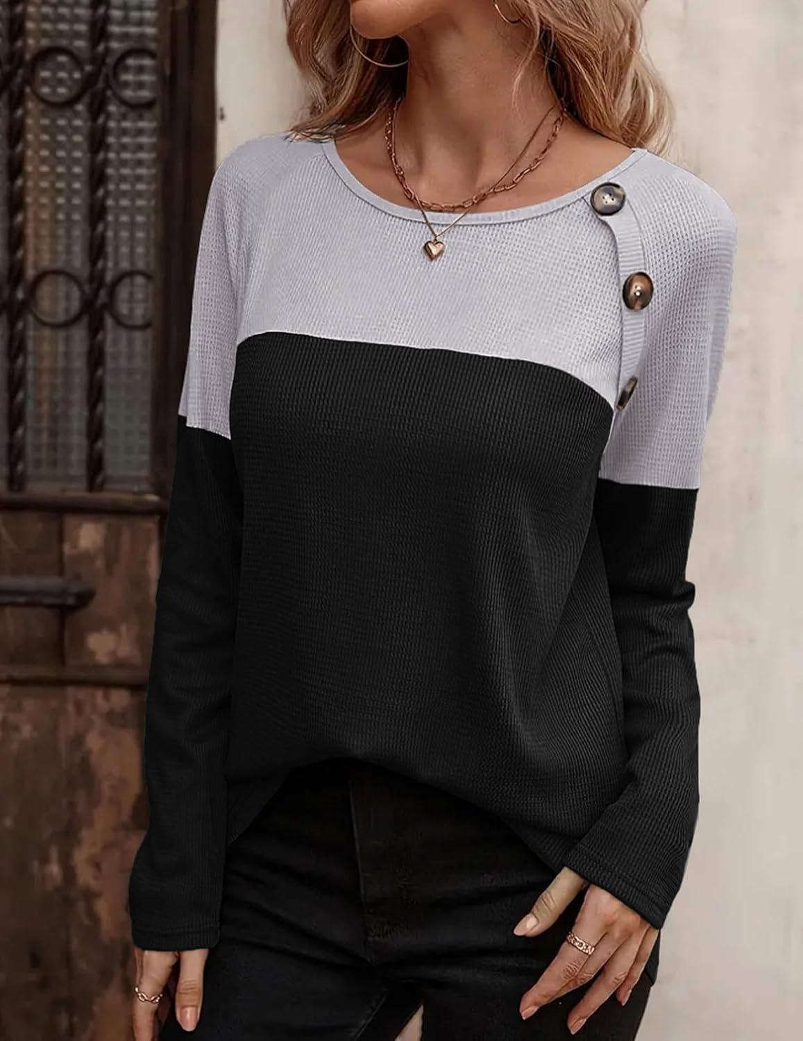 imageZeagoo Women Waffle Knit Shirts Long Sleeve Colorblock Tee Button Detail TunicsLight Grey Black