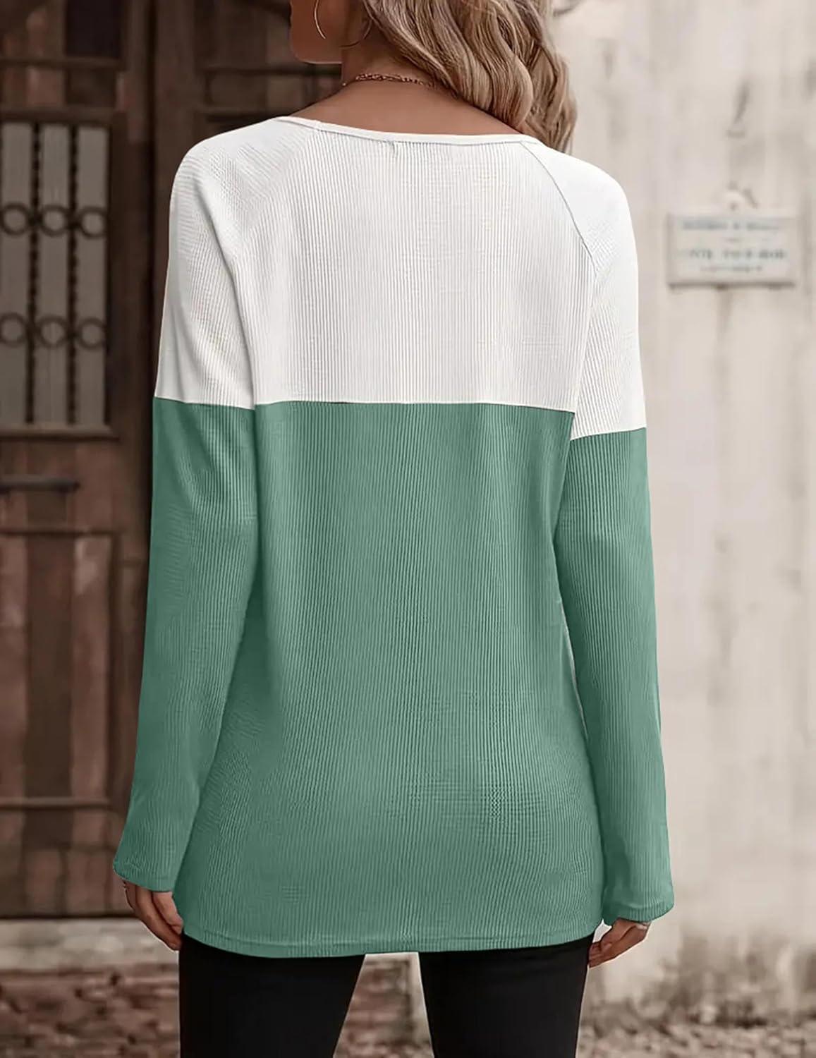 imageZeagoo Women Waffle Knit Shirts Long Sleeve Colorblock Tee Button Detail TunicsMint