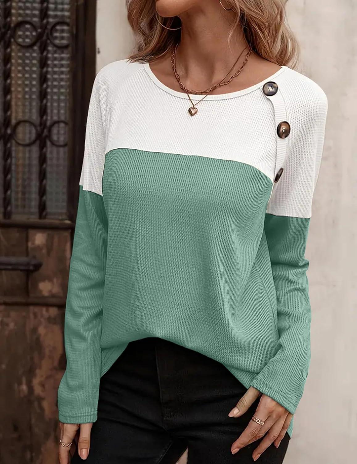 imageZeagoo Women Waffle Knit Shirts Long Sleeve Colorblock Tee Button Detail TunicsMint