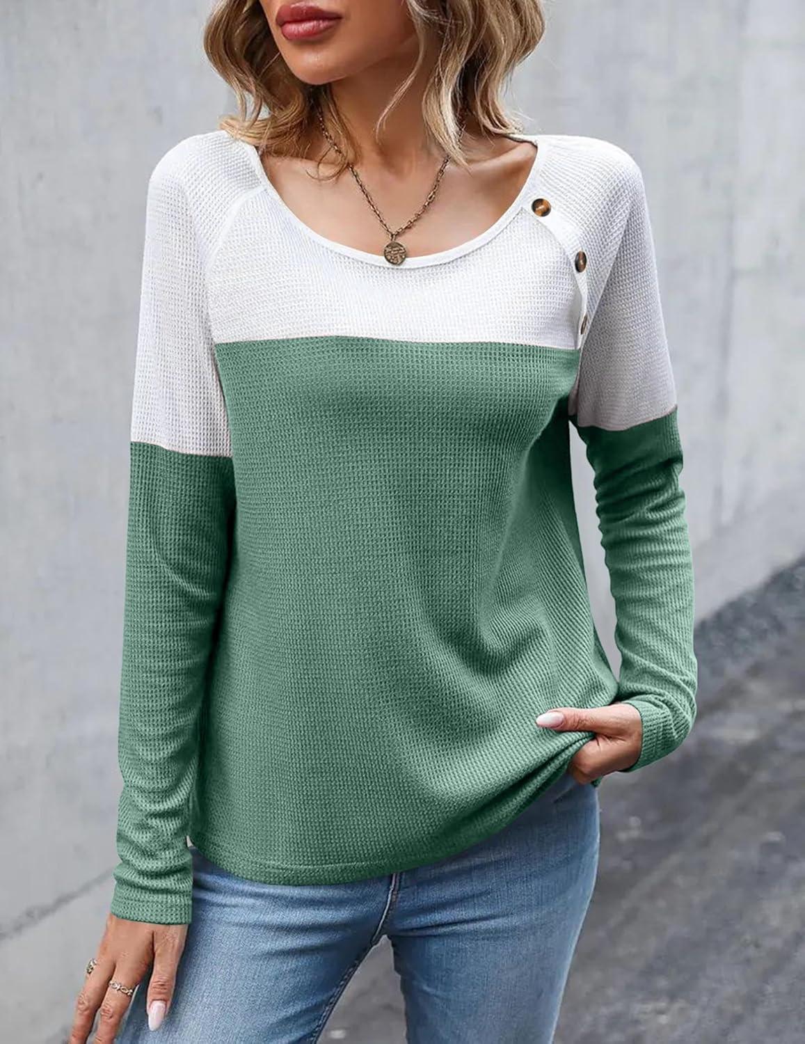 imageZeagoo Women Waffle Knit Shirts Long Sleeve Colorblock Tee Button Detail TunicsMint