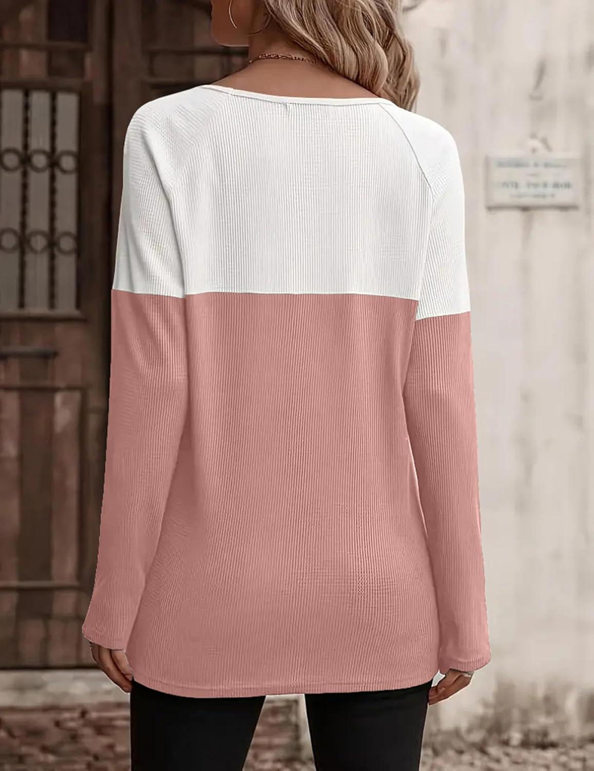 imageZeagoo Women Waffle Knit Shirts Long Sleeve Colorblock Tee Button Detail TunicsPale Pink