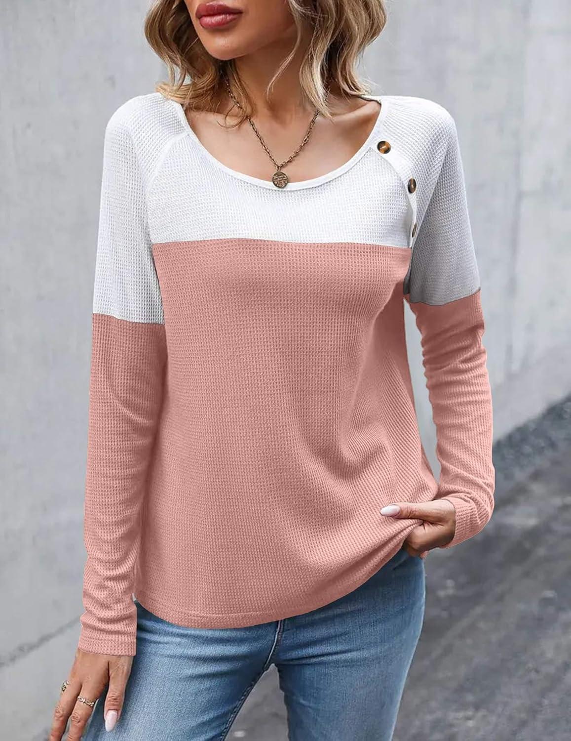 imageZeagoo Women Waffle Knit Shirts Long Sleeve Colorblock Tee Button Detail TunicsPale Pink