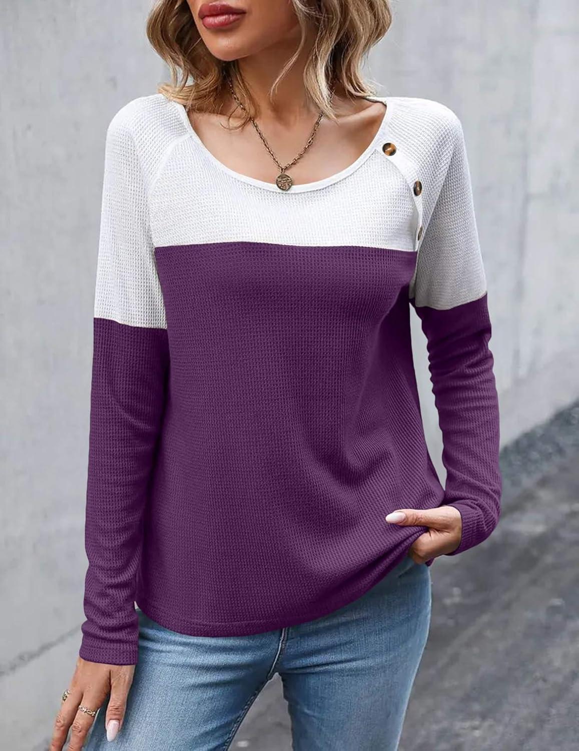 imageZeagoo Women Waffle Knit Shirts Long Sleeve Colorblock Tee Button Detail TunicsPurple