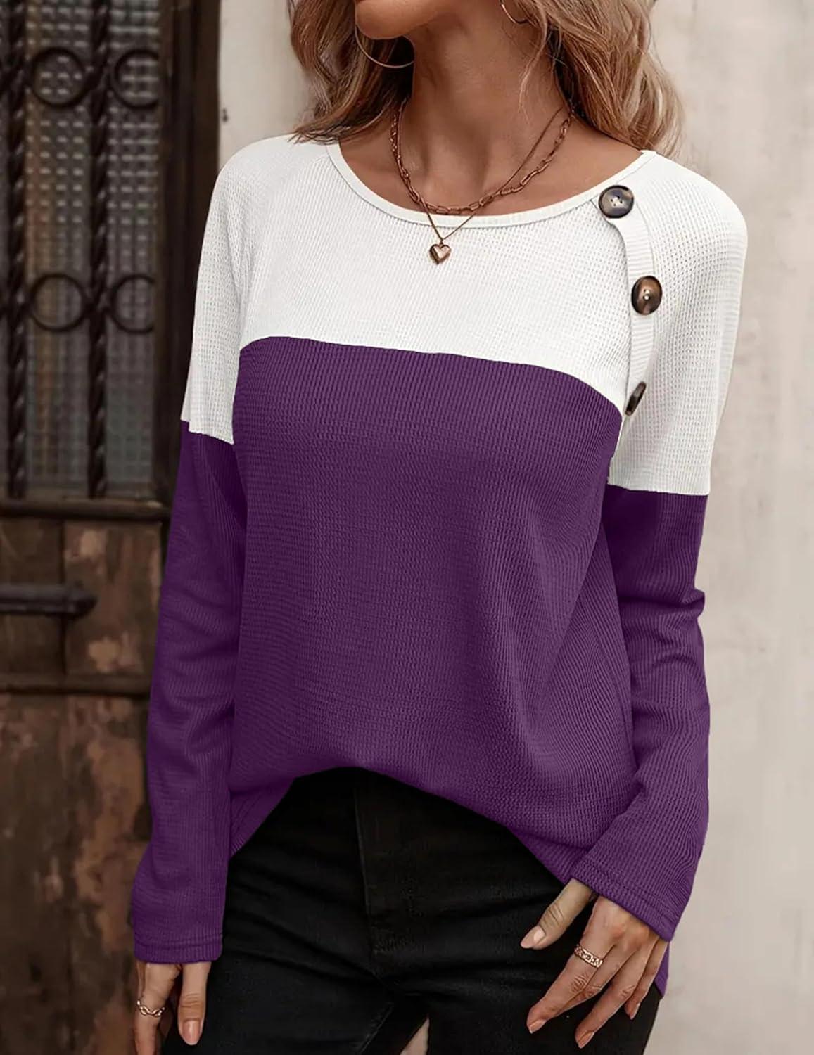 imageZeagoo Women Waffle Knit Shirts Long Sleeve Colorblock Tee Button Detail TunicsPurple