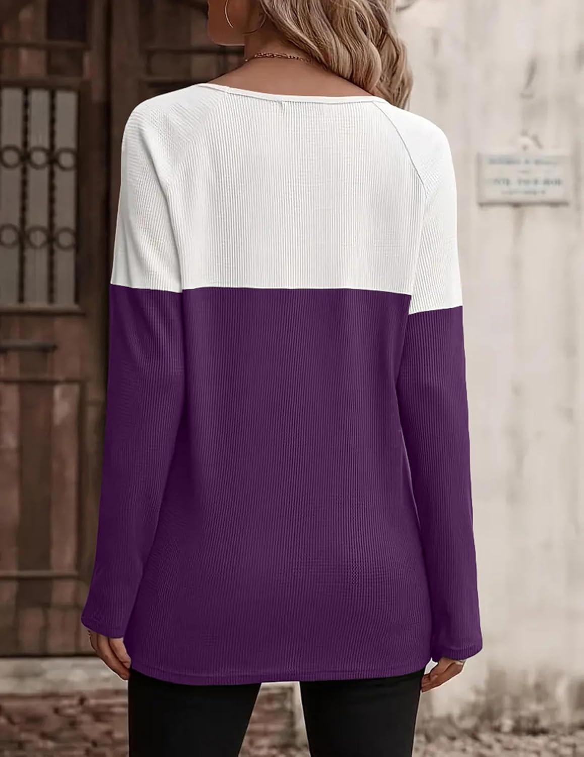 imageZeagoo Women Waffle Knit Shirts Long Sleeve Colorblock Tee Button Detail TunicsPurple