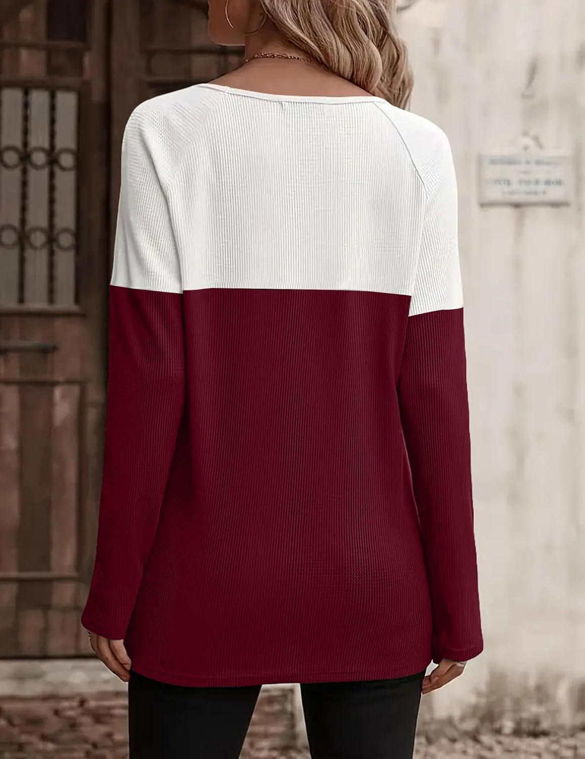 imageZeagoo Women Waffle Knit Shirts Long Sleeve Colorblock Tee Button Detail TunicsWhiteburgundy