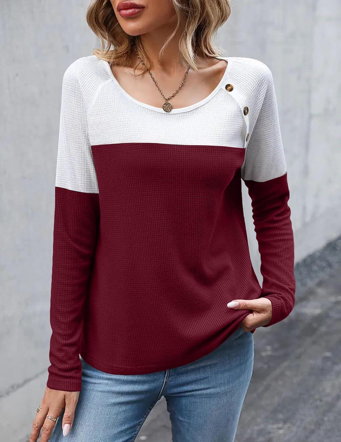 imageZeagoo Women Waffle Knit Shirts Long Sleeve Colorblock Tee Button Detail TunicsWhiteburgundy