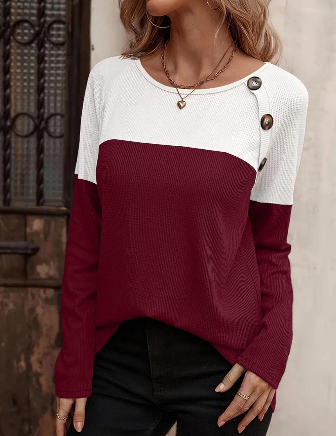imageZeagoo Women Waffle Knit Shirts Long Sleeve Colorblock Tee Button Detail TunicsWhiteburgundy
