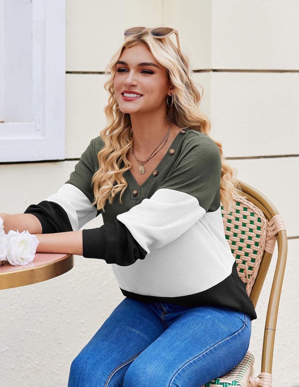 imageZeagoo Women Waffle Knit Tops V Neck Long Sleeve Tunics Color Block Casual Blouse Fall Fashion 2026 Button Decor T ShirtArmy GreenWhiteBlack