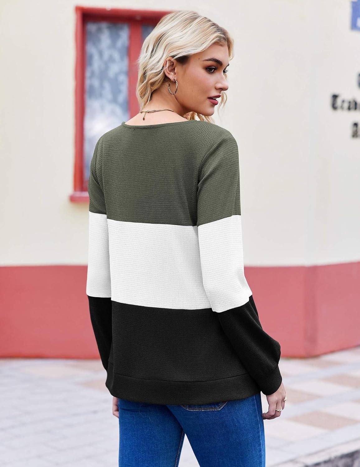 imageZeagoo Women Waffle Knit Tops V Neck Long Sleeve Tunics Color Block Casual Blouse Fall Fashion 2026 Button Decor T ShirtArmy GreenWhiteBlack