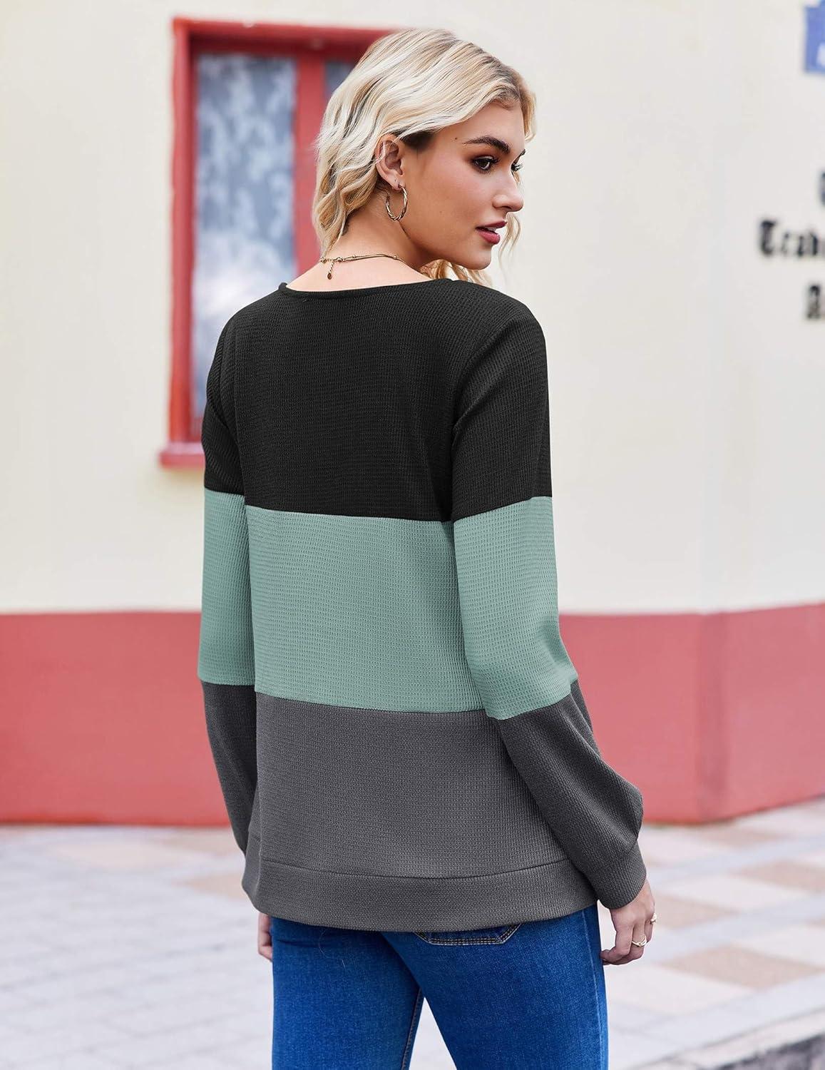 imageZeagoo Women Waffle Knit Tops V Neck Long Sleeve Tunics Color Block Casual Blouse Fall Fashion 2026 Button Decor T ShirtBlackGreenGrey