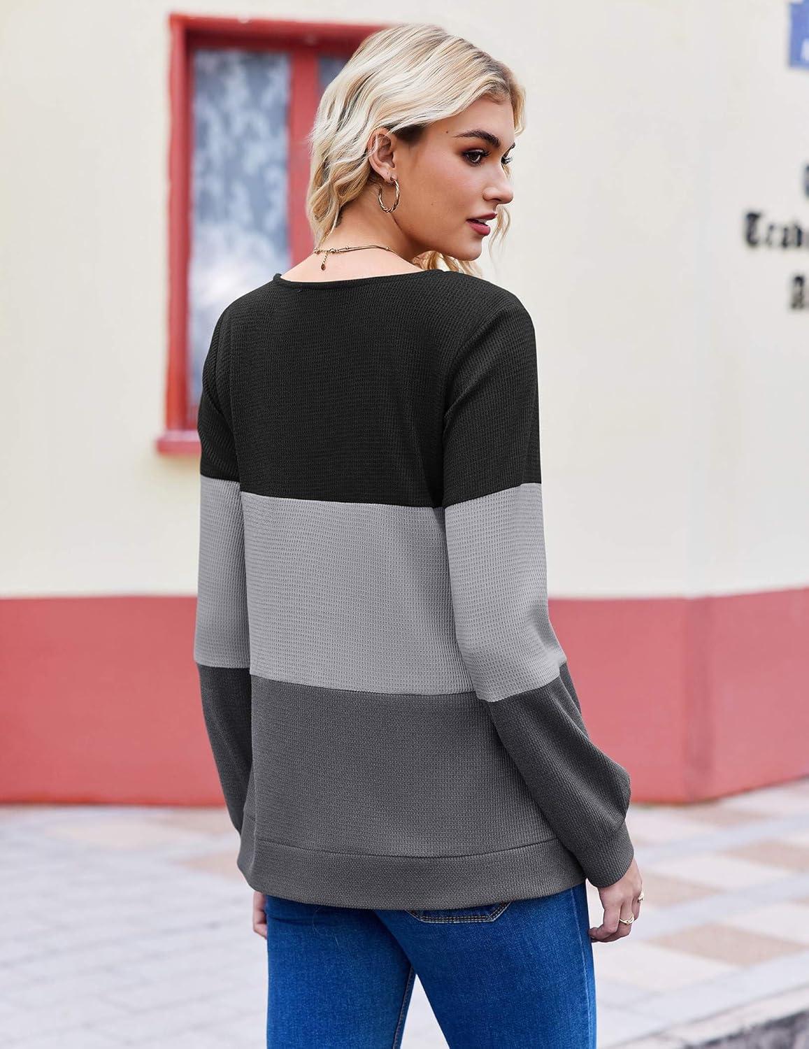 imageZeagoo Women Waffle Knit Tops V Neck Long Sleeve Tunics Color Block Casual Blouse Fall Fashion 2026 Button Decor T ShirtBlackGrey
