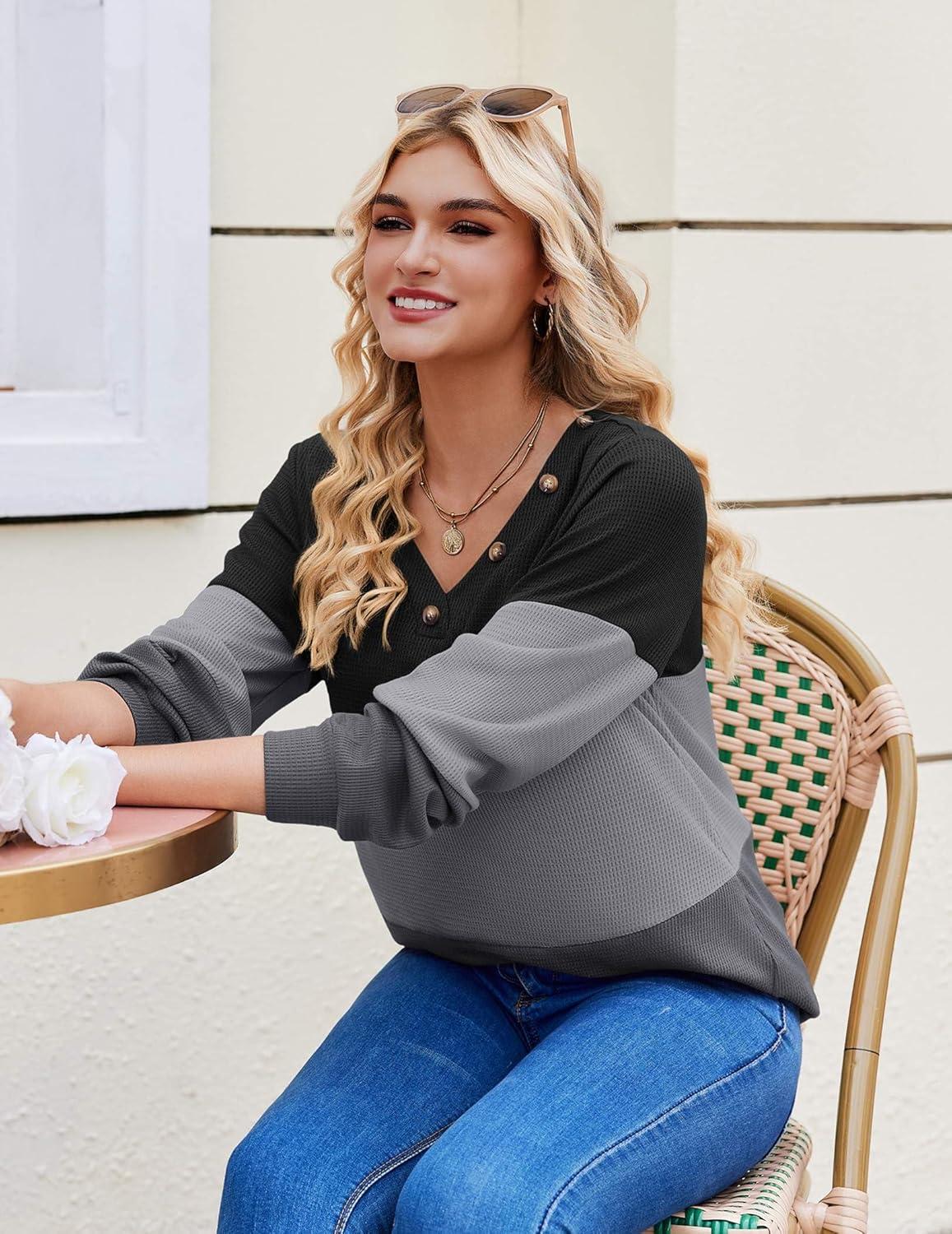 imageZeagoo Women Waffle Knit Tops V Neck Long Sleeve Tunics Color Block Casual Blouse Fall Fashion 2026 Button Decor T ShirtBlackGrey