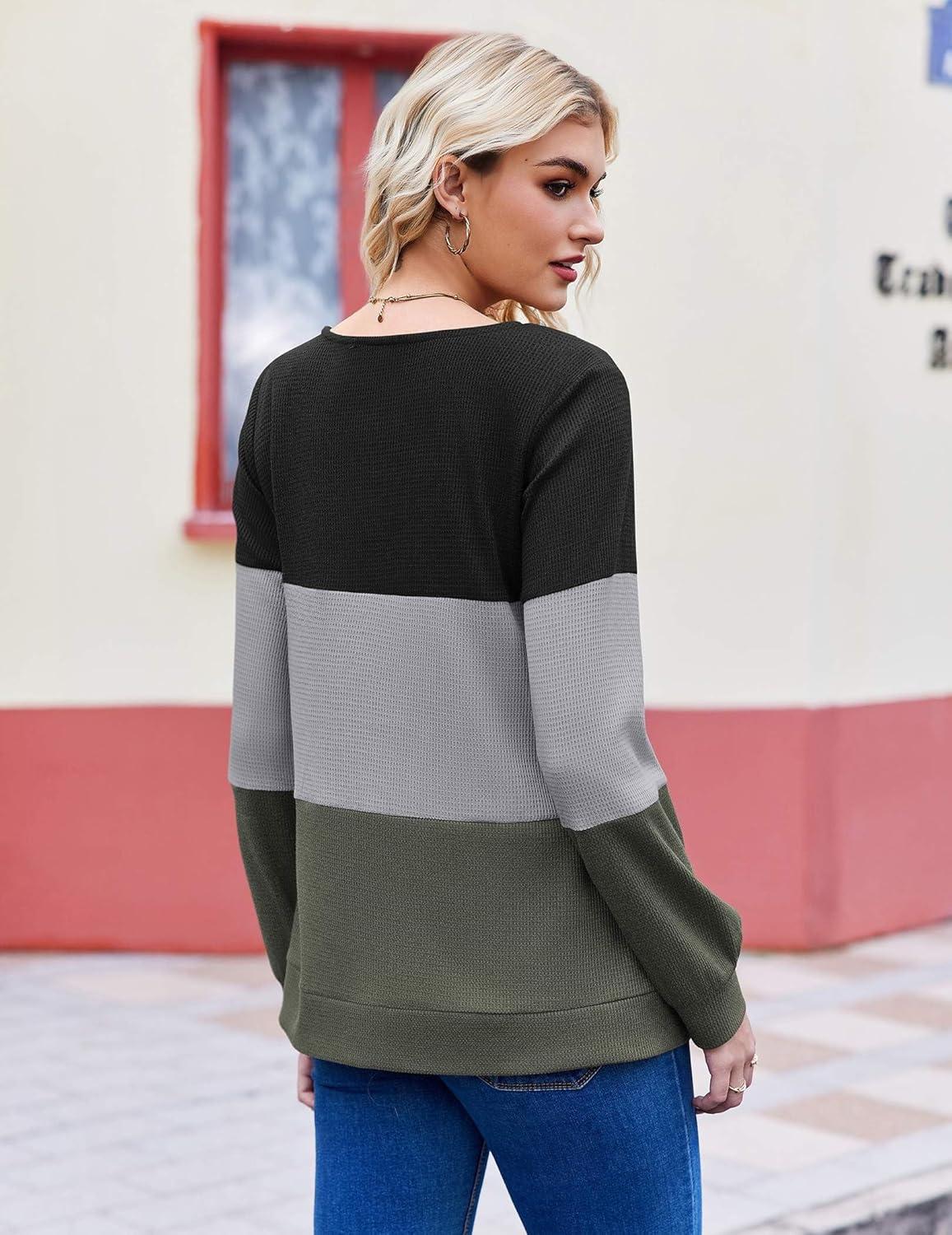 imageZeagoo Women Waffle Knit Tops V Neck Long Sleeve Tunics Color Block Casual Blouse Fall Fashion 2026 Button Decor T ShirtBlackGreyArmy Green
