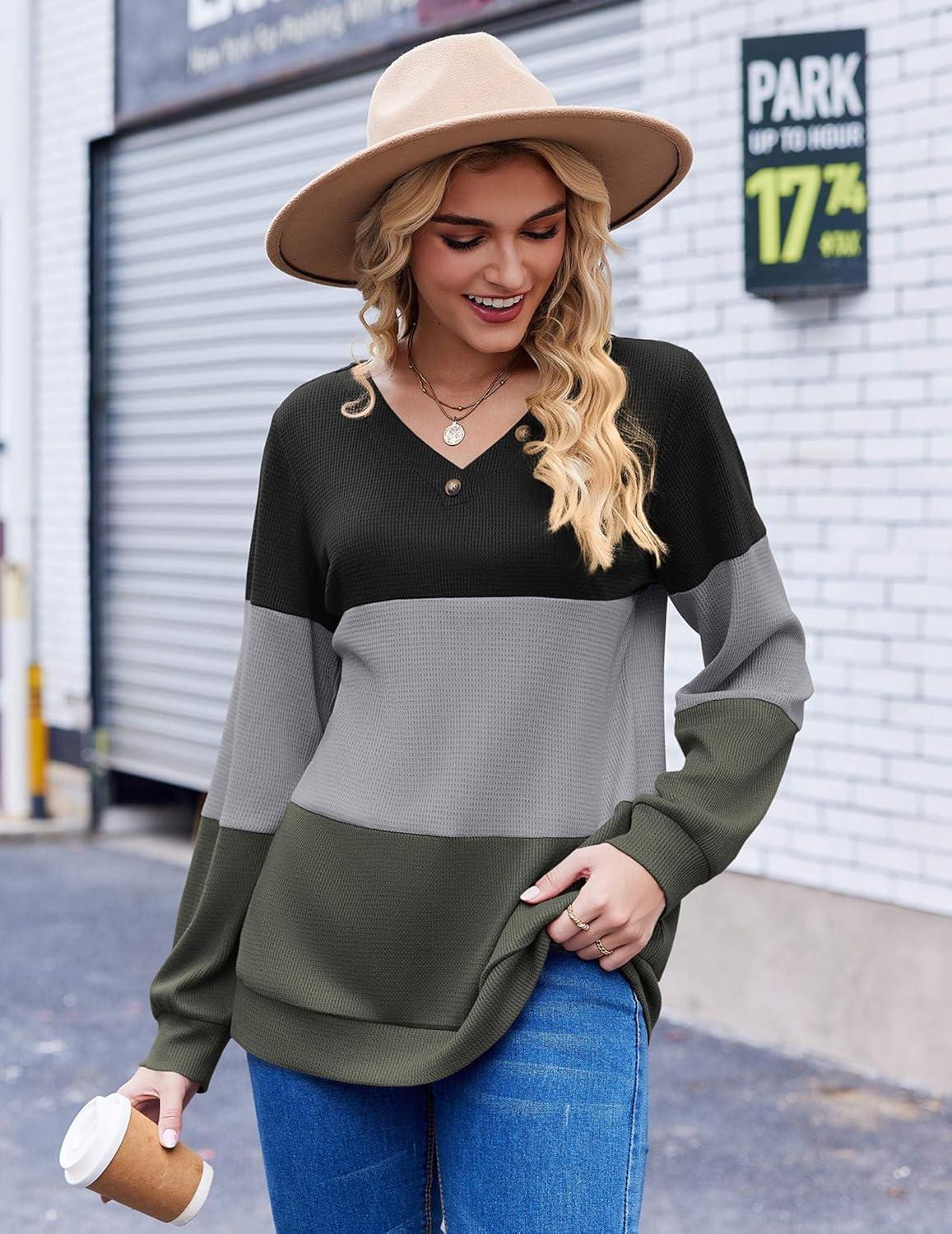 imageZeagoo Women Waffle Knit Tops V Neck Long Sleeve Tunics Color Block Casual Blouse Fall Fashion 2026 Button Decor T ShirtBlackGreyArmy Green