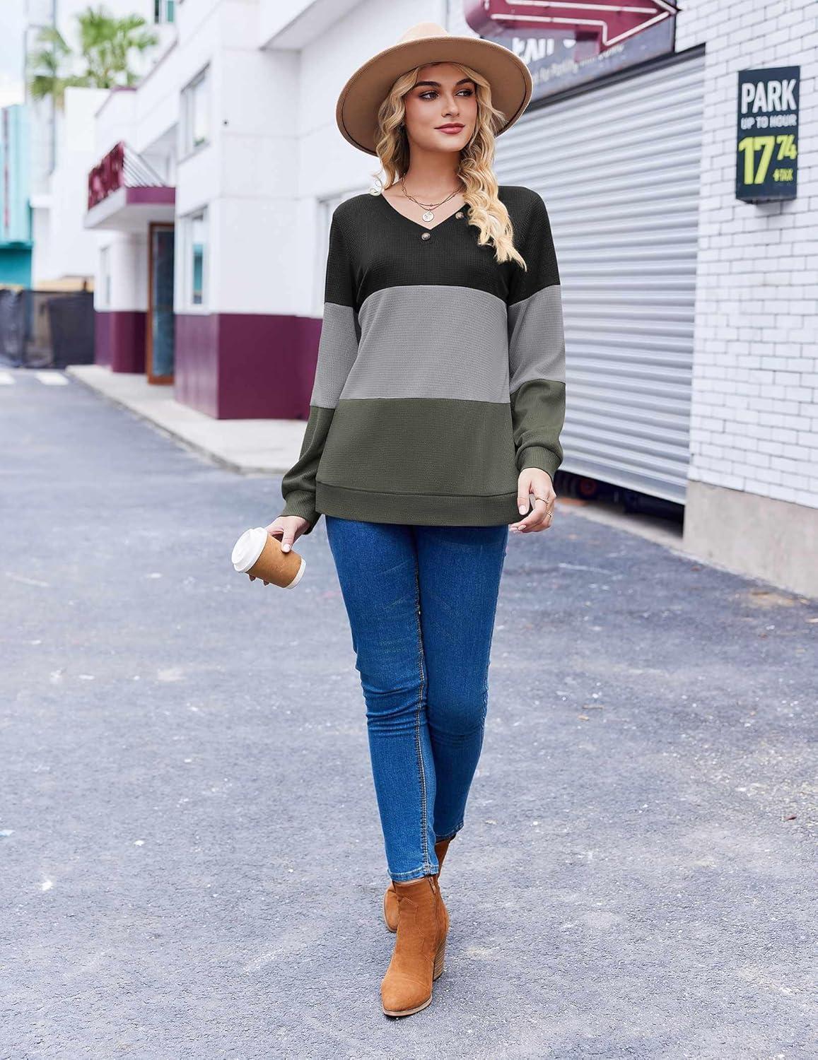 imageZeagoo Women Waffle Knit Tops V Neck Long Sleeve Tunics Color Block Casual Blouse Fall Fashion 2026 Button Decor T ShirtBlackGreyArmy Green