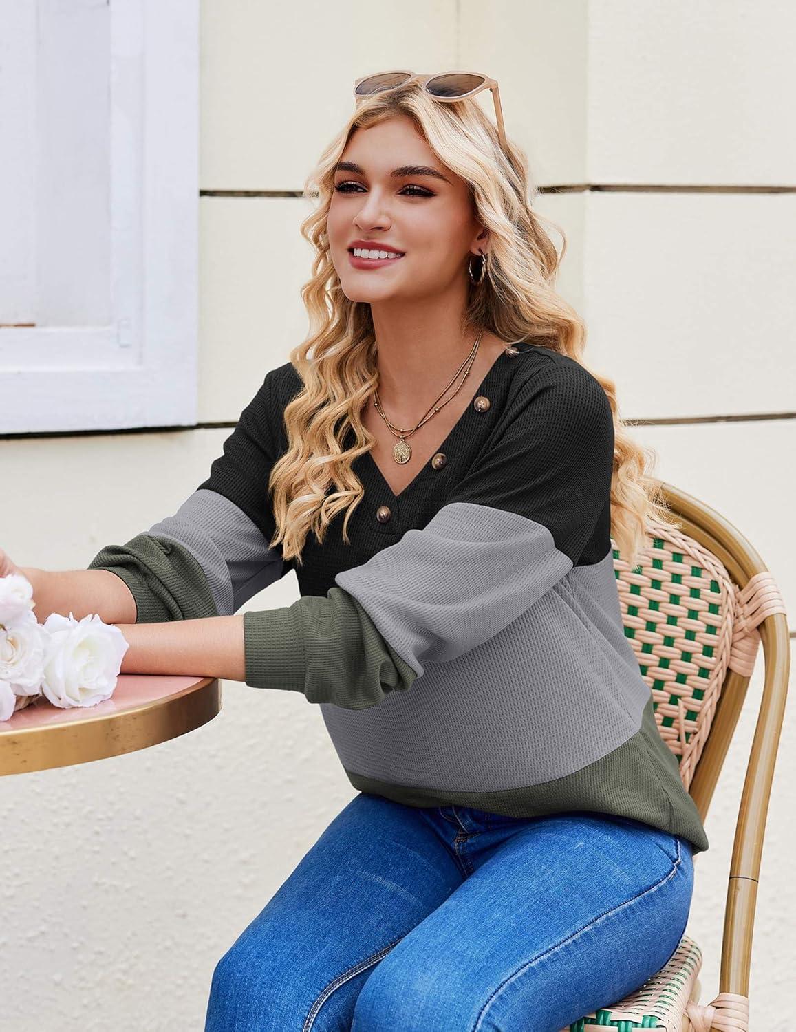 imageZeagoo Women Waffle Knit Tops V Neck Long Sleeve Tunics Color Block Casual Blouse Fall Fashion 2026 Button Decor T ShirtBlackGreyArmy Green