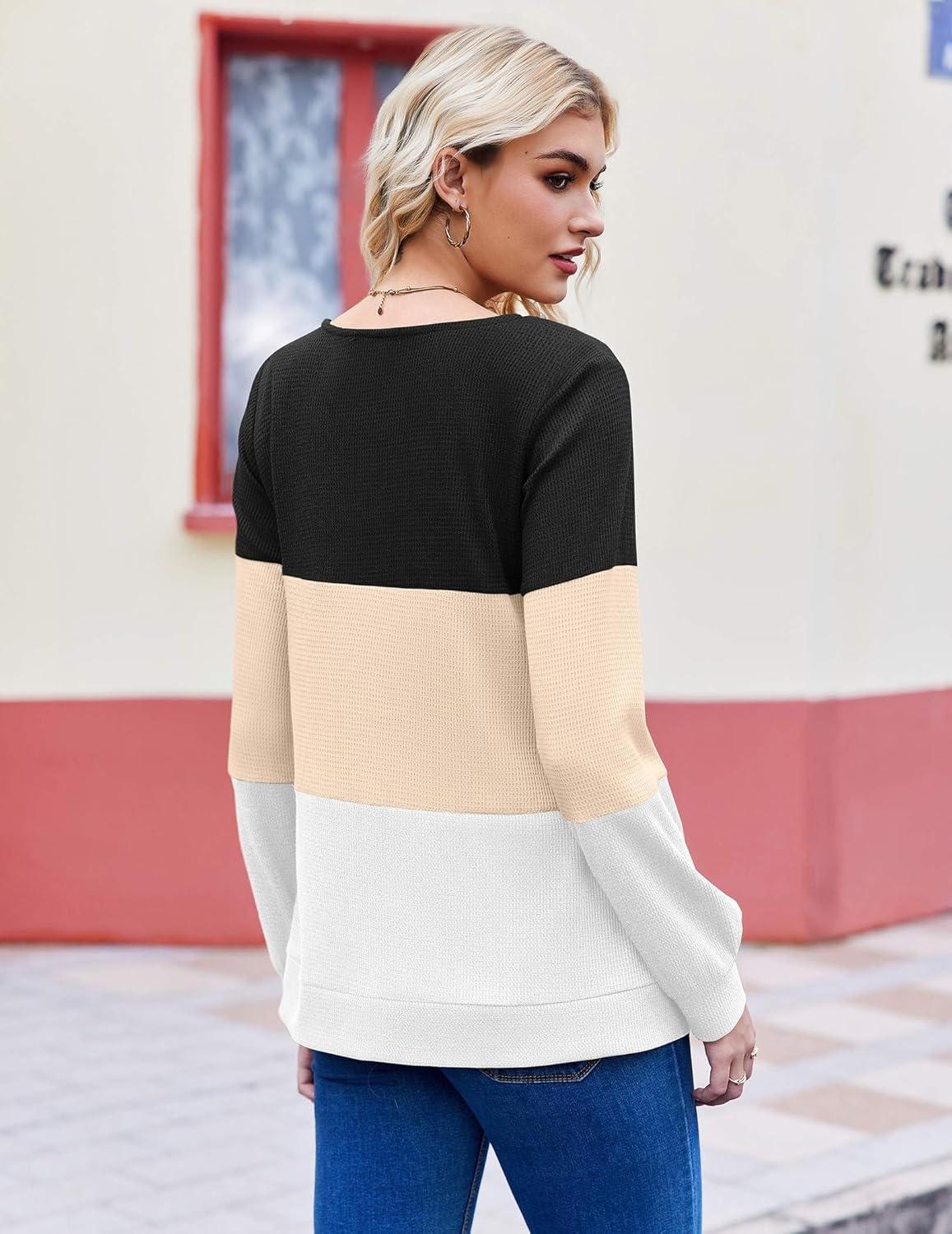 imageZeagoo Women Waffle Knit Tops V Neck Long Sleeve Tunics Color Block Casual Blouse Fall Fashion 2026 Button Decor T ShirtBlackKhakiWhite