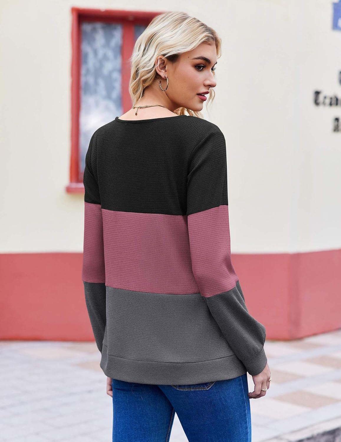 imageZeagoo Women Waffle Knit Tops V Neck Long Sleeve Tunics Color Block Casual Blouse Fall Fashion 2026 Button Decor T ShirtBlackPurpleGrey