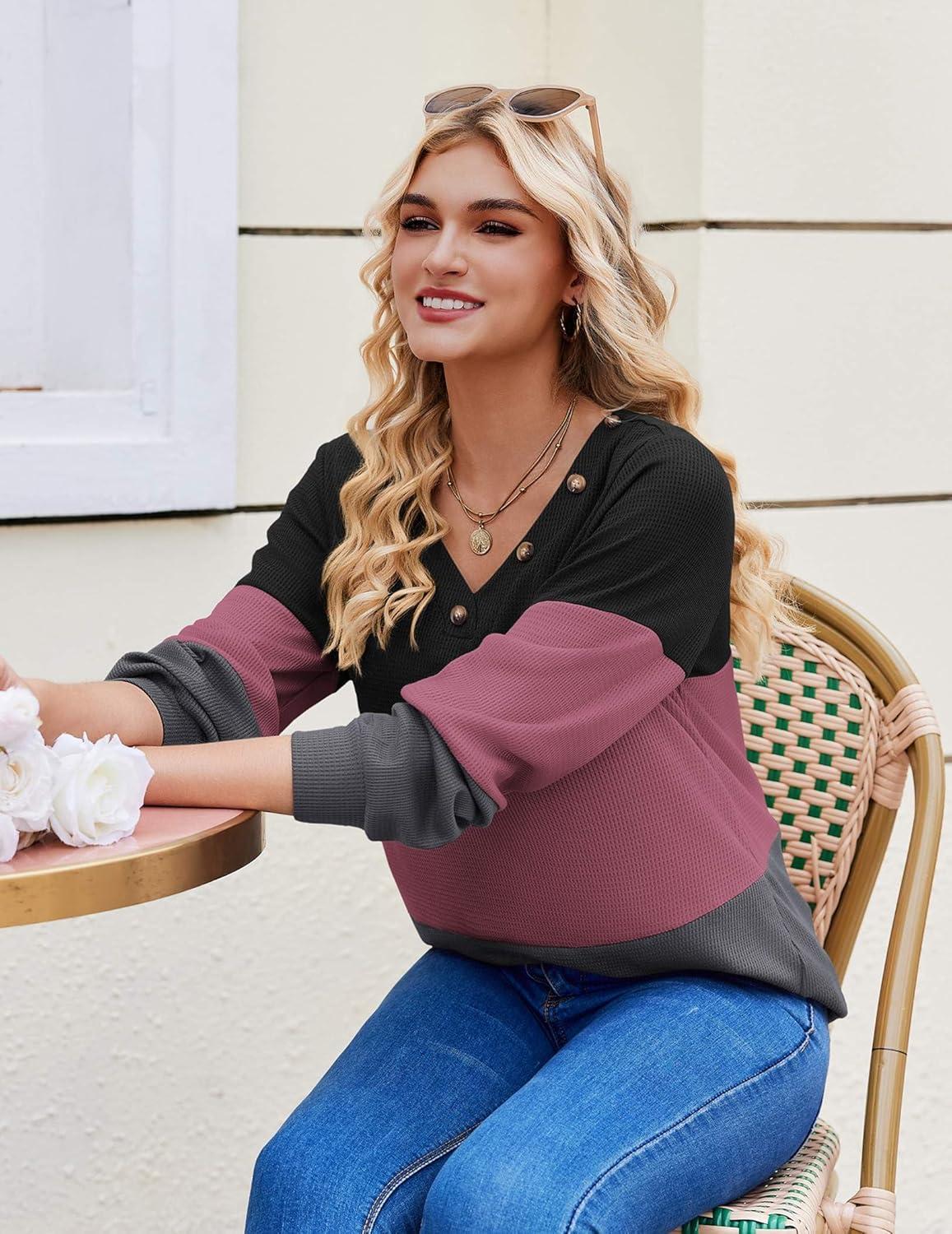 imageZeagoo Women Waffle Knit Tops V Neck Long Sleeve Tunics Color Block Casual Blouse Fall Fashion 2026 Button Decor T ShirtBlackPurpleGrey