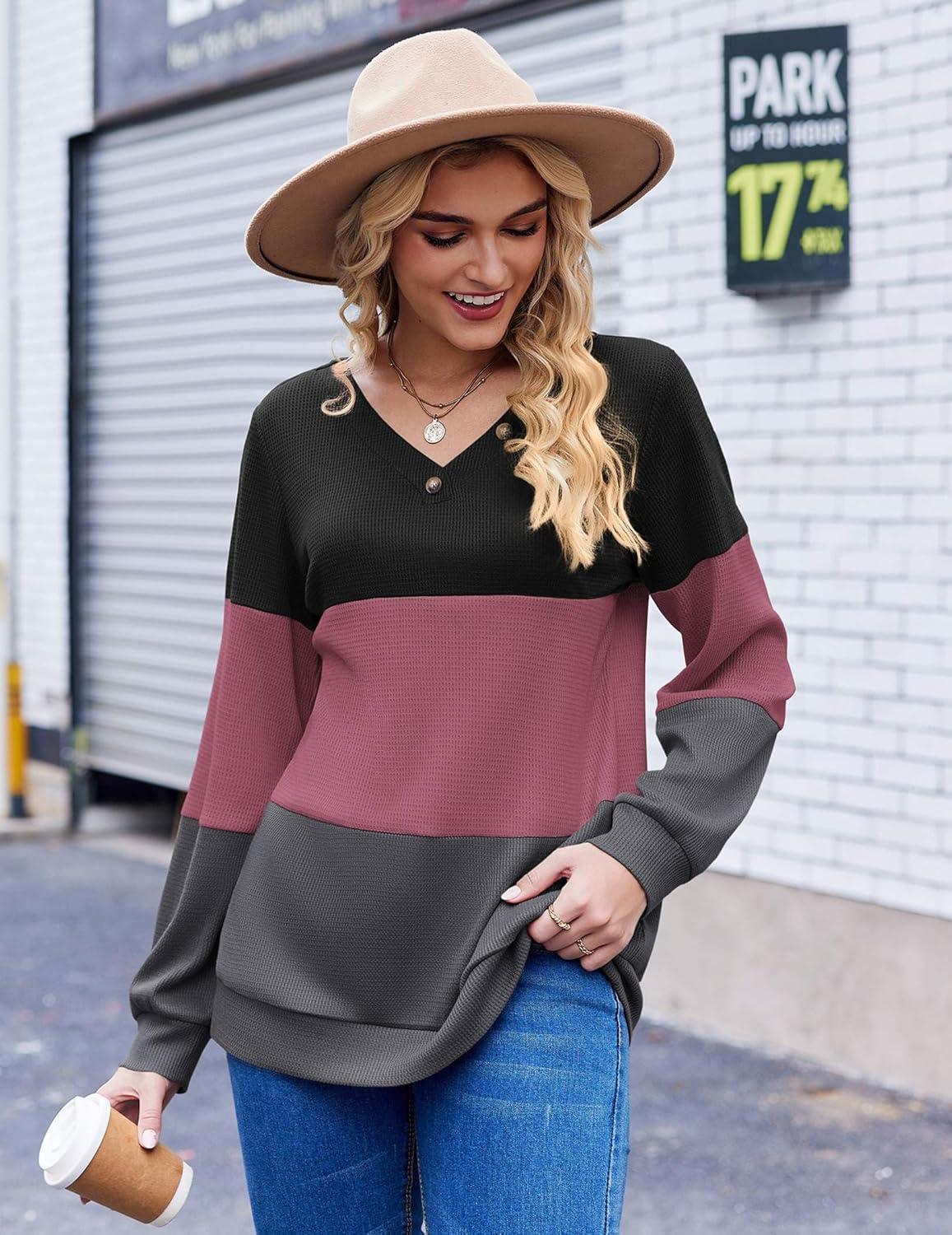 imageZeagoo Women Waffle Knit Tops V Neck Long Sleeve Tunics Color Block Casual Blouse Fall Fashion 2026 Button Decor T ShirtBlackPurpleGrey