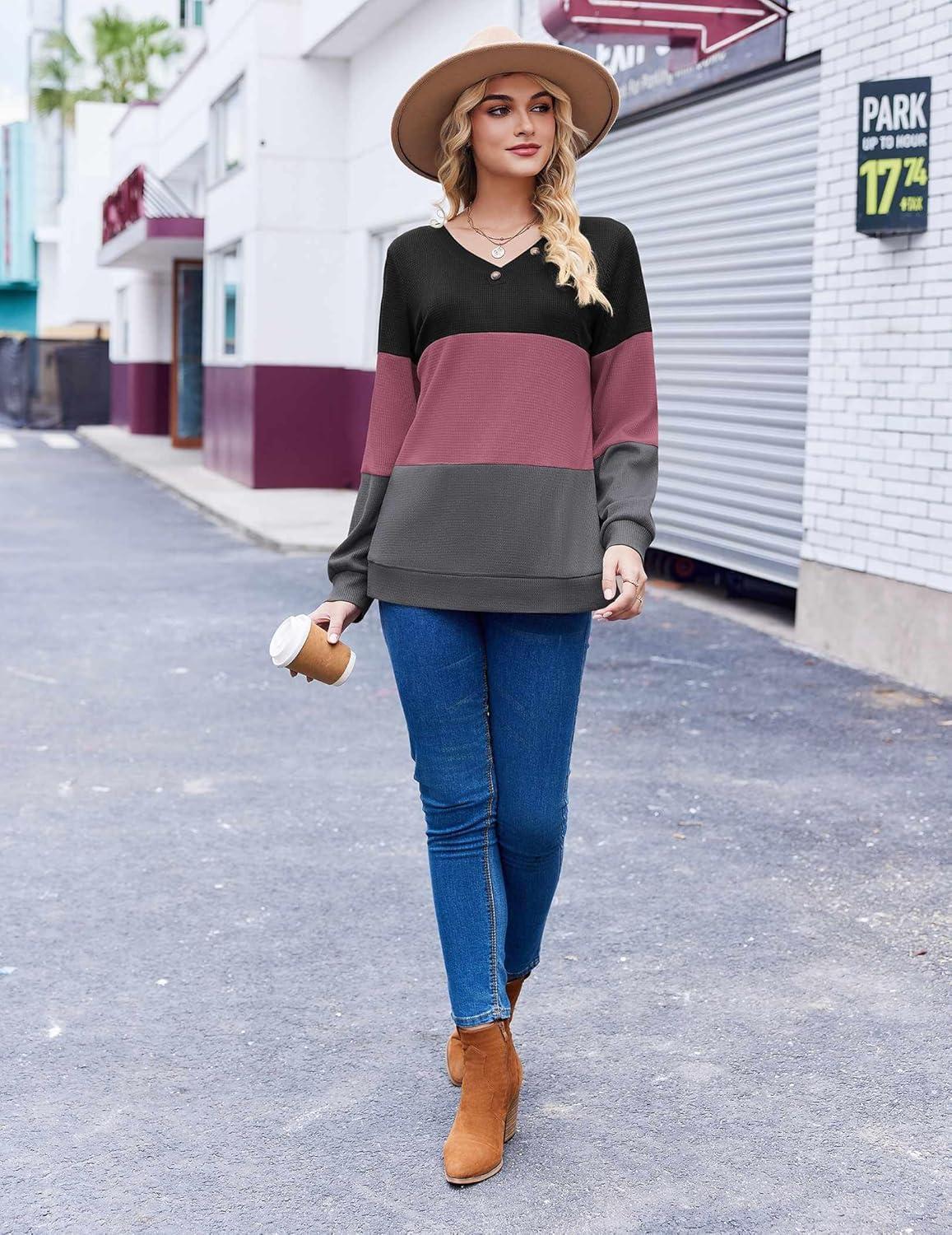 imageZeagoo Women Waffle Knit Tops V Neck Long Sleeve Tunics Color Block Casual Blouse Fall Fashion 2026 Button Decor T ShirtBlackPurpleGrey