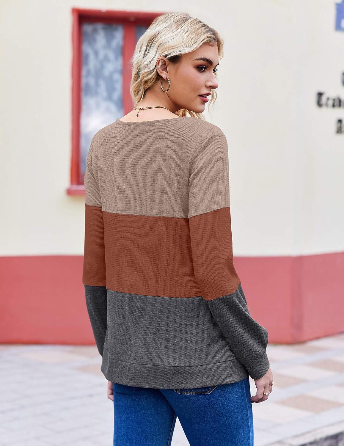 imageZeagoo Women Waffle Knit Tops V Neck Long Sleeve Tunics Color Block Casual Blouse Fall Fashion 2026 Button Decor T ShirtBrownOrangeGrey