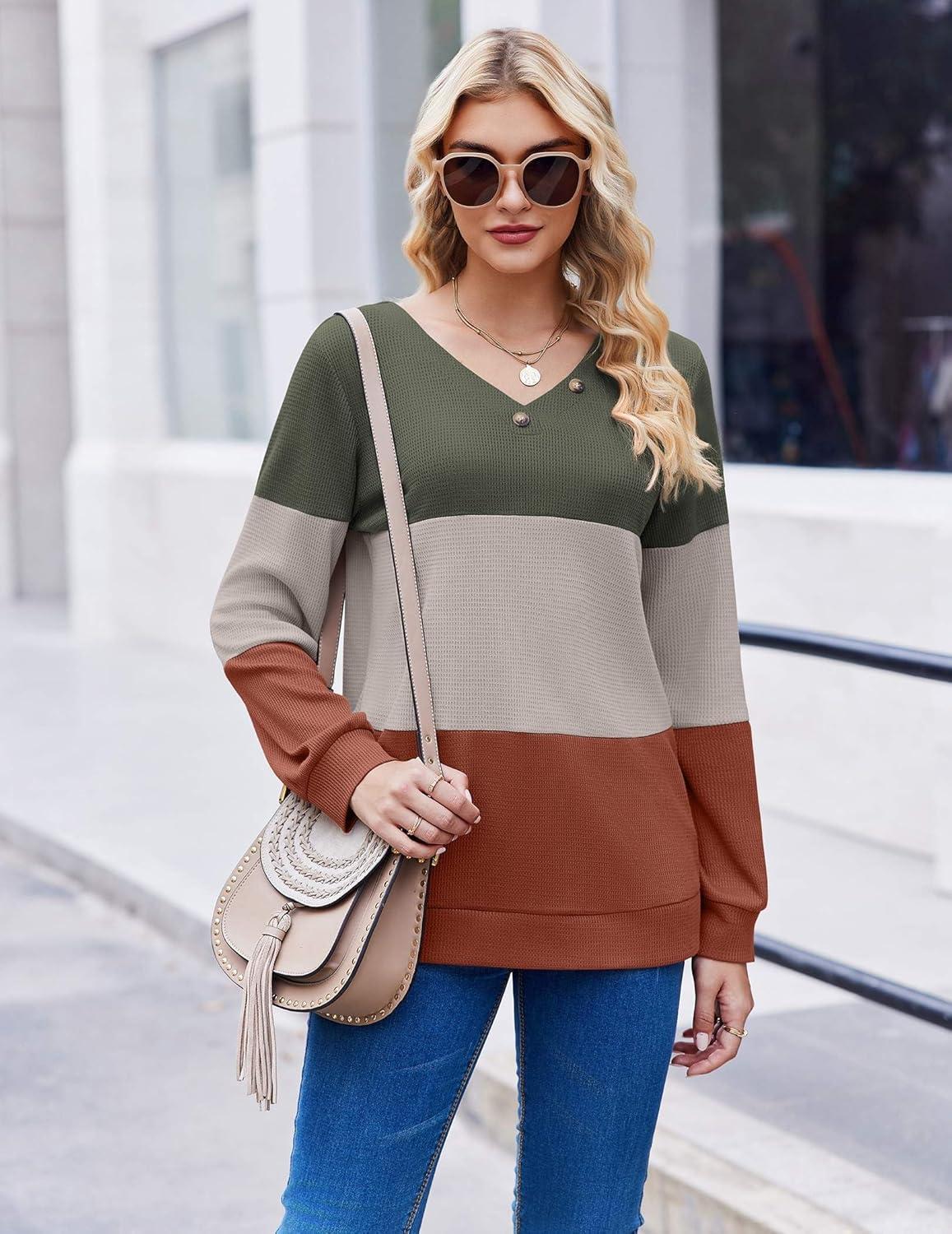 imageZeagoo Women Waffle Knit Tops V Neck Long Sleeve Tunics Color Block Casual Blouse Fall Fashion 2026 Button Decor T ShirtGreenGreyOrange
