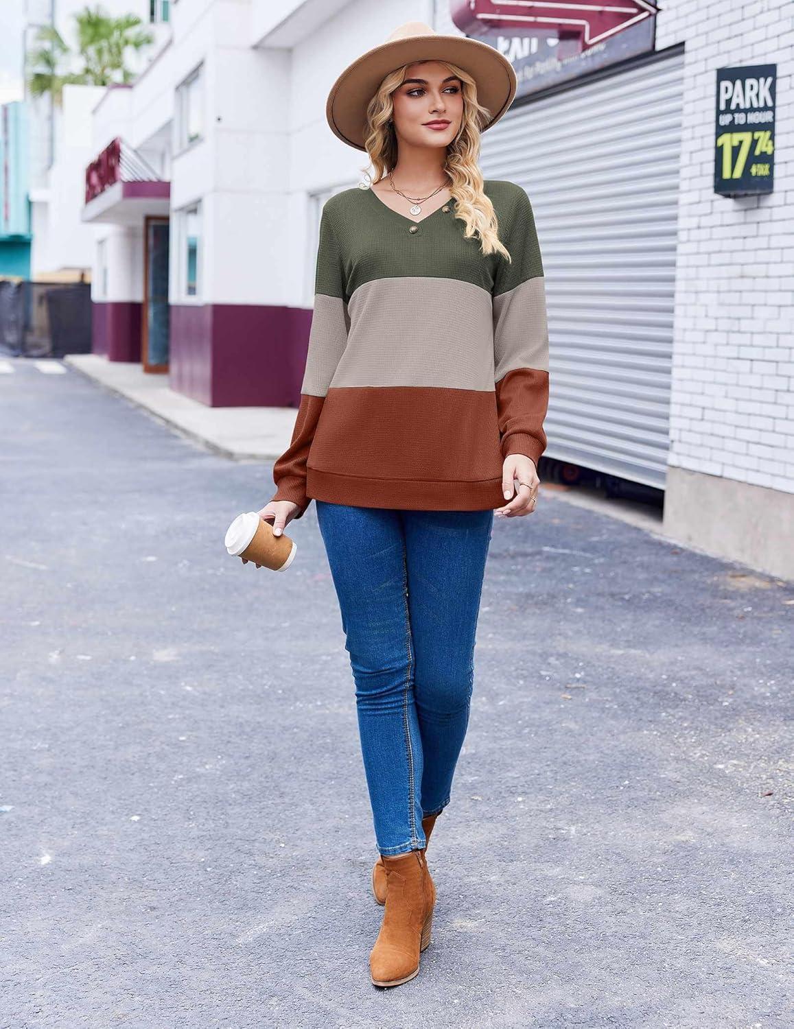imageZeagoo Women Waffle Knit Tops V Neck Long Sleeve Tunics Color Block Casual Blouse Fall Fashion 2026 Button Decor T ShirtGreenGreyOrange