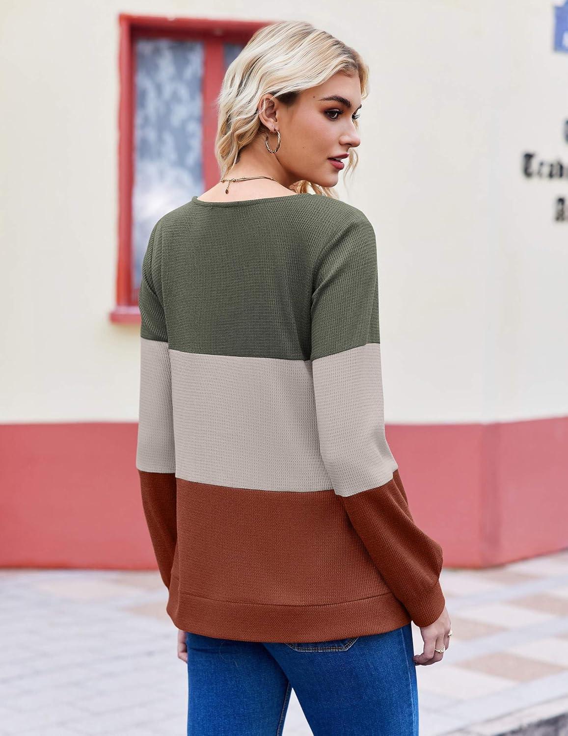 imageZeagoo Women Waffle Knit Tops V Neck Long Sleeve Tunics Color Block Casual Blouse Fall Fashion 2026 Button Decor T ShirtGreenGreyOrange