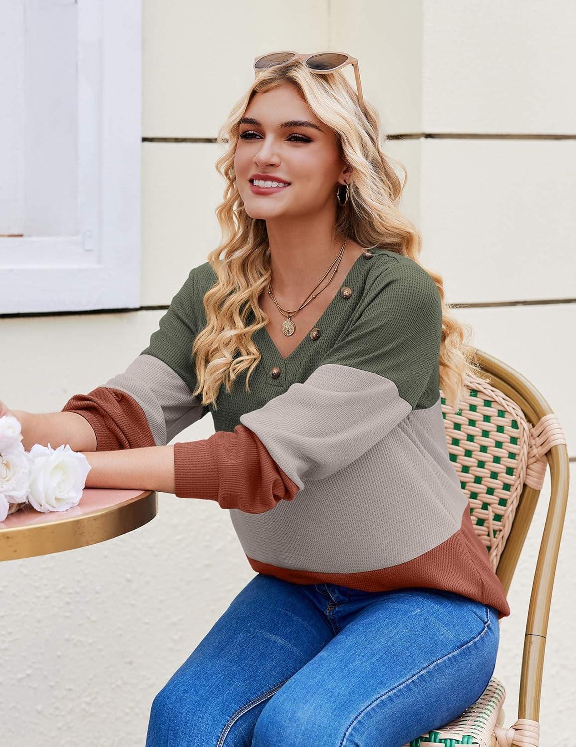 imageZeagoo Women Waffle Knit Tops V Neck Long Sleeve Tunics Color Block Casual Blouse Fall Fashion 2026 Button Decor T ShirtGreenGreyOrange