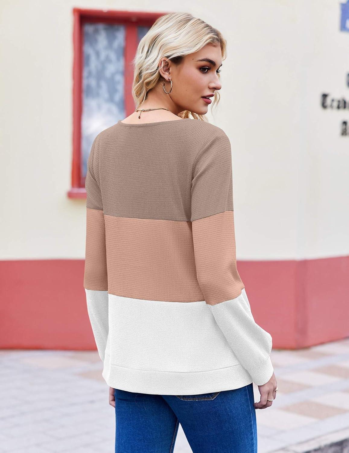 imageZeagoo Women Waffle Knit Tops V Neck Long Sleeve Tunics Color Block Casual Blouse Fall Fashion 2026 Button Decor T ShirtKhakiWhite
