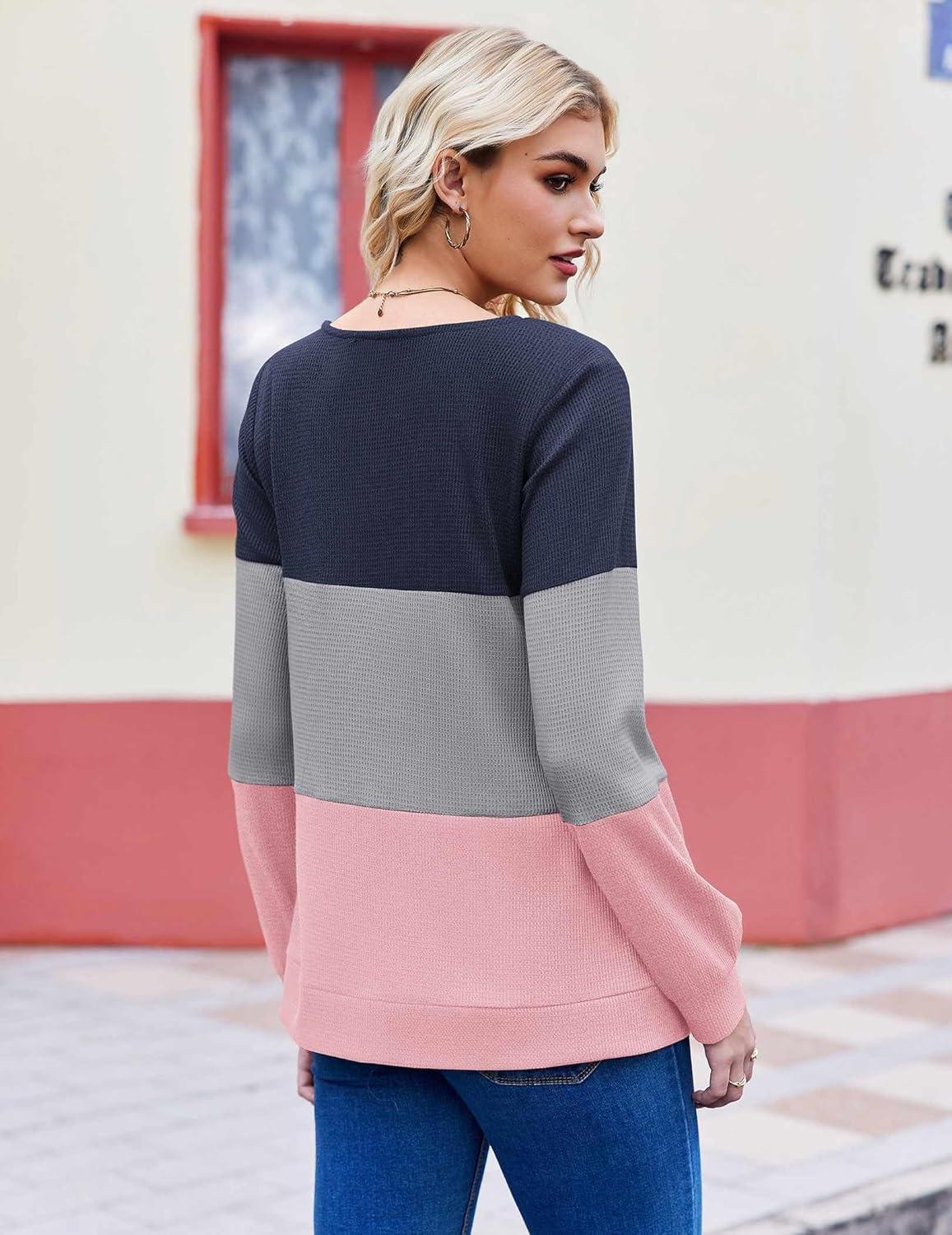 imageZeagoo Women Waffle Knit Tops V Neck Long Sleeve Tunics Color Block Casual Blouse Fall Fashion 2026 Button Decor T ShirtNavy BlueGreyPink