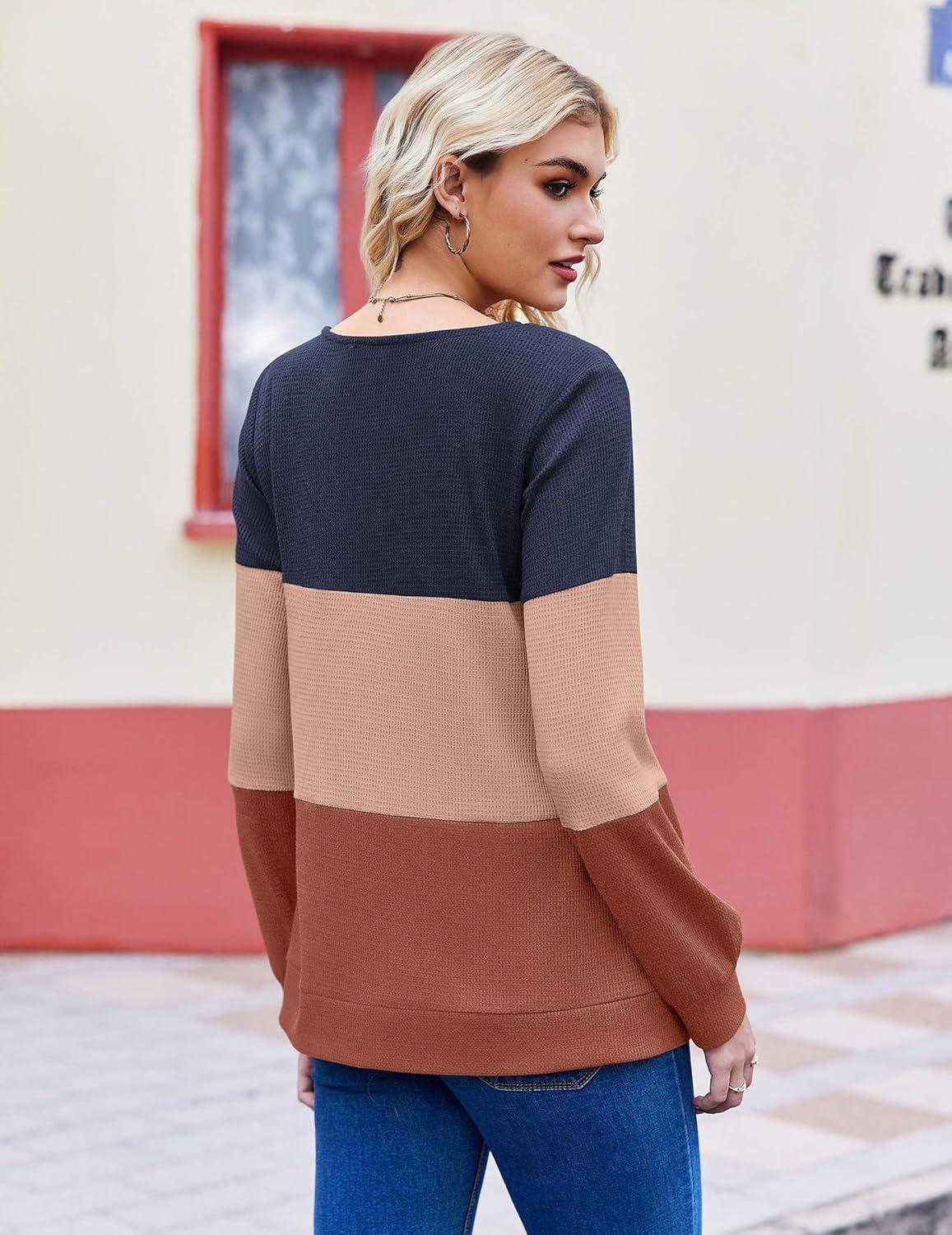 imageZeagoo Women Waffle Knit Tops V Neck Long Sleeve Tunics Color Block Casual Blouse Fall Fashion 2026 Button Decor T ShirtNavy BlueKhakiOrange