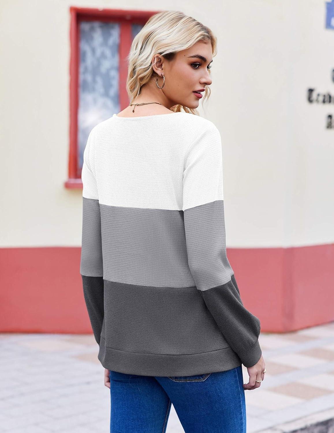 imageZeagoo Women Waffle Knit Tops V Neck Long Sleeve Tunics Color Block Casual Blouse Fall Fashion 2026 Button Decor T ShirtWhiteGrey