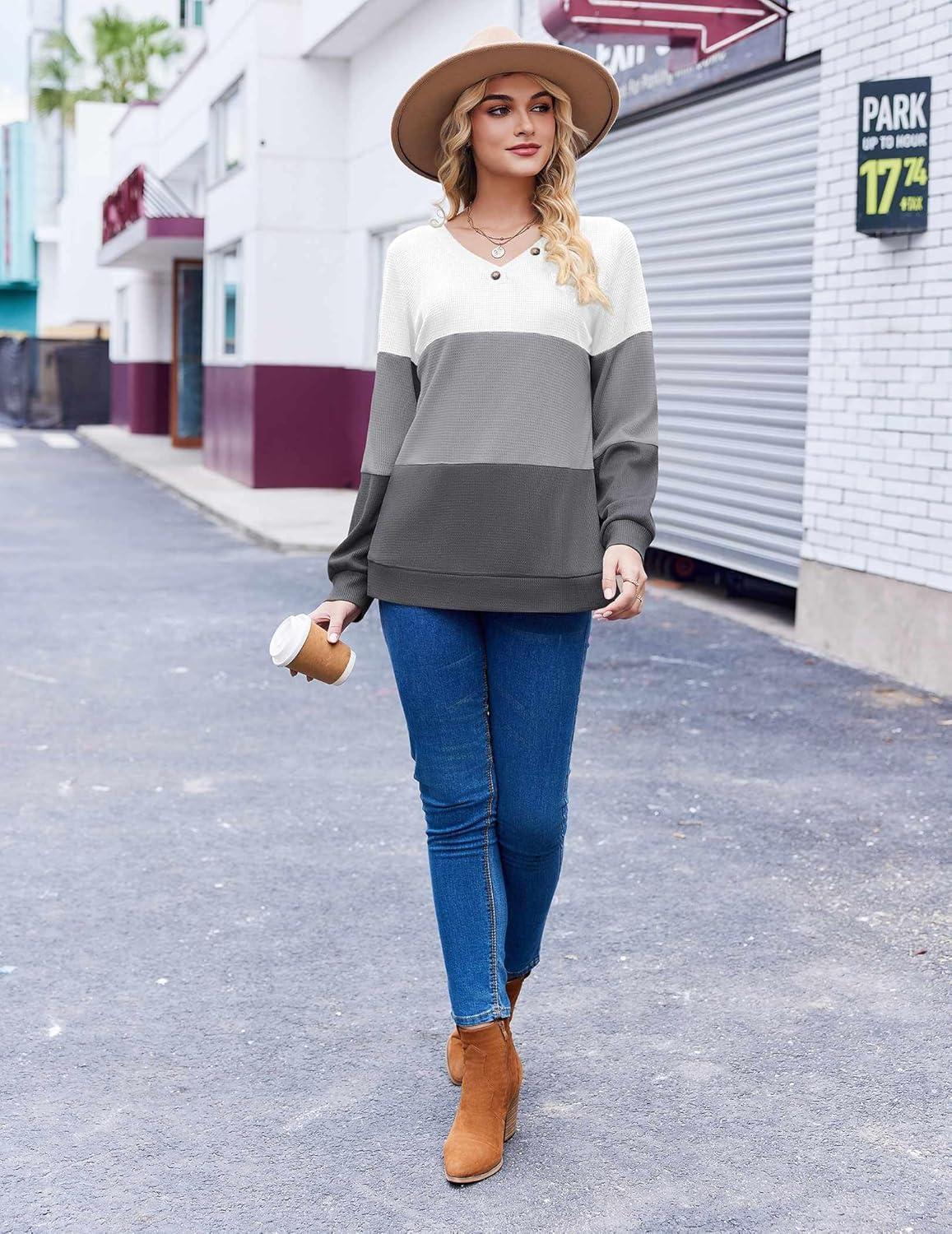 imageZeagoo Women Waffle Knit Tops V Neck Long Sleeve Tunics Color Block Casual Blouse Fall Fashion 2026 Button Decor T ShirtWhiteGrey