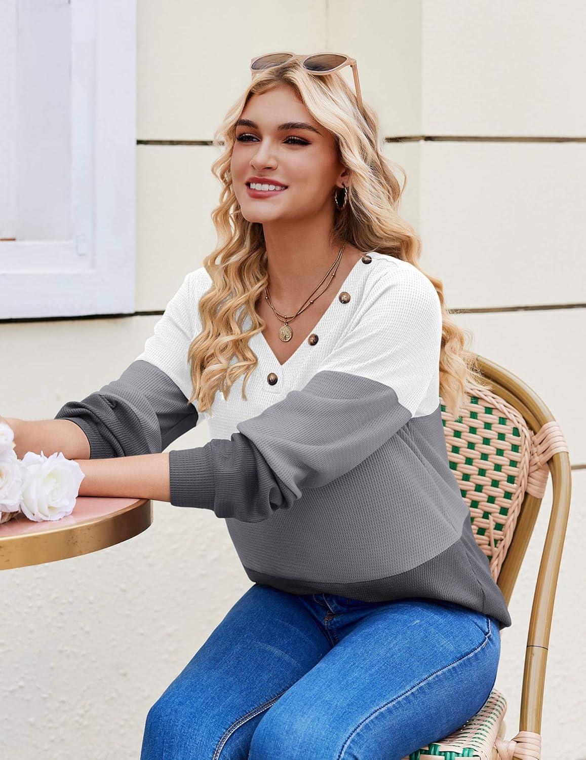 imageZeagoo Women Waffle Knit Tops V Neck Long Sleeve Tunics Color Block Casual Blouse Fall Fashion 2026 Button Decor T ShirtWhiteGrey
