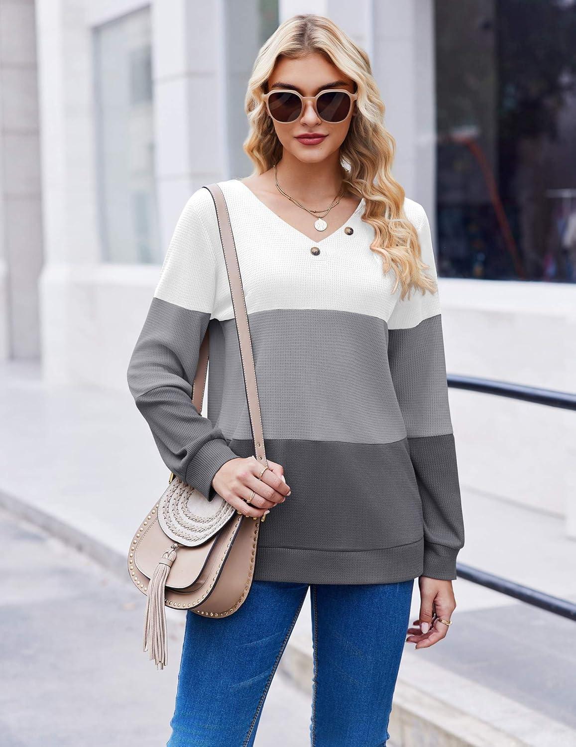 imageZeagoo Women Waffle Knit Tops V Neck Long Sleeve Tunics Color Block Casual Blouse Fall Fashion 2026 Button Decor T ShirtWhiteGrey