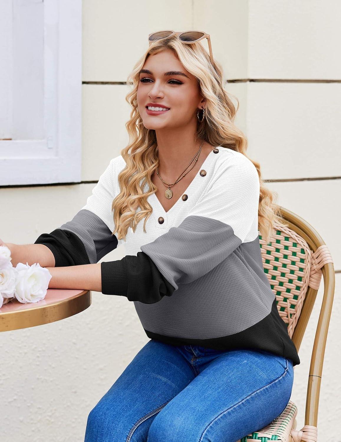imageZeagoo Women Waffle Knit Tops V Neck Long Sleeve Tunics Color Block Casual Blouse Fall Fashion 2026 Button Decor T ShirtWhiteGreyBlack