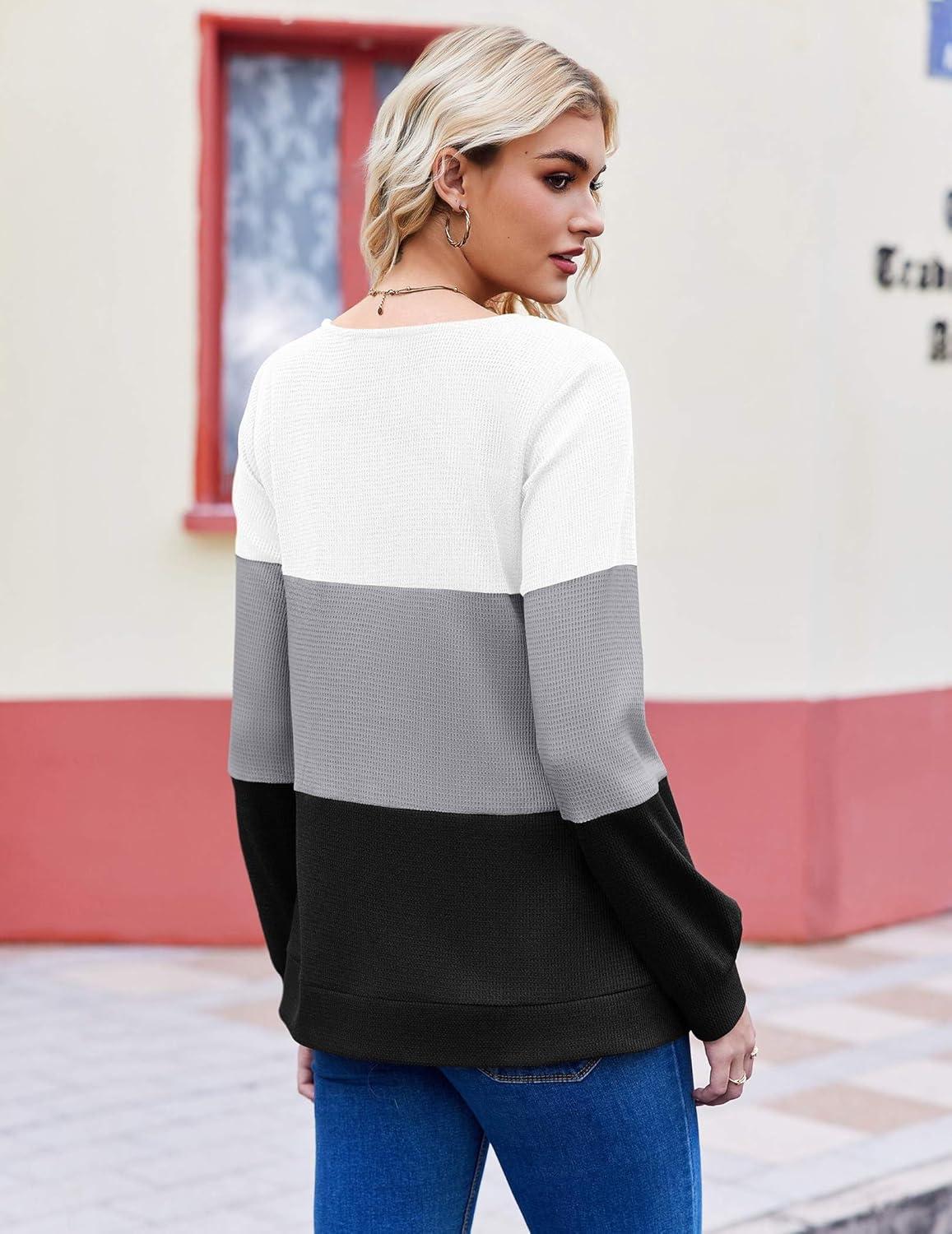 imageZeagoo Women Waffle Knit Tops V Neck Long Sleeve Tunics Color Block Casual Blouse Fall Fashion 2026 Button Decor T ShirtWhiteGreyBlack